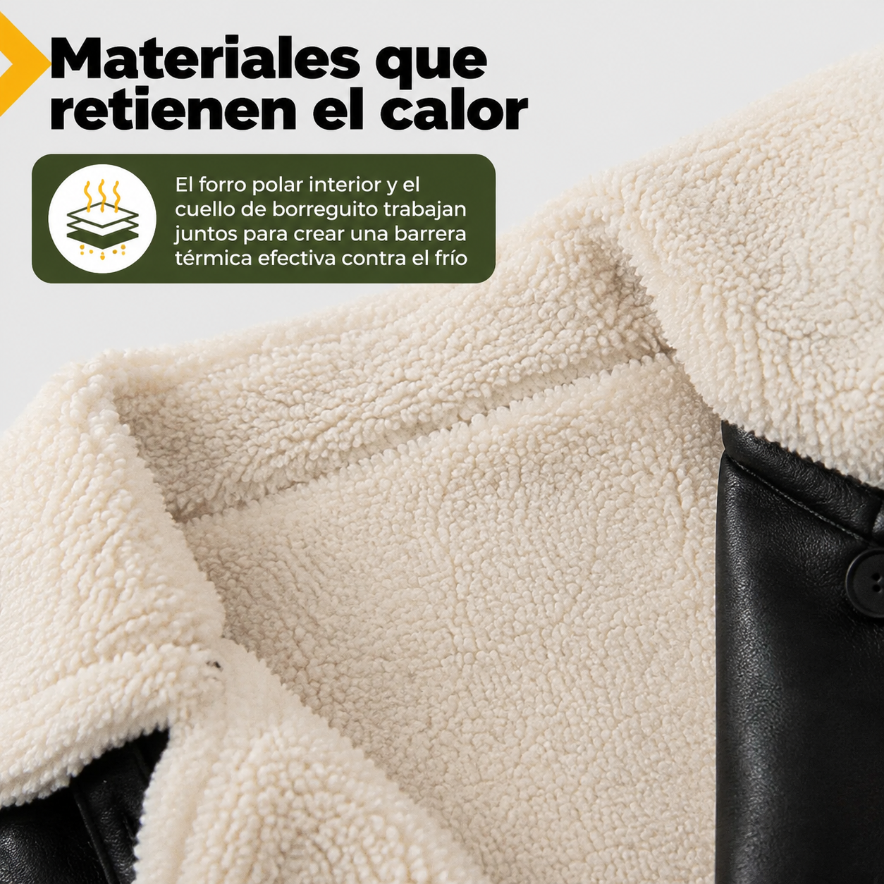 Detalle del cuello de borreguito y textura del forro polar interior del abrigo