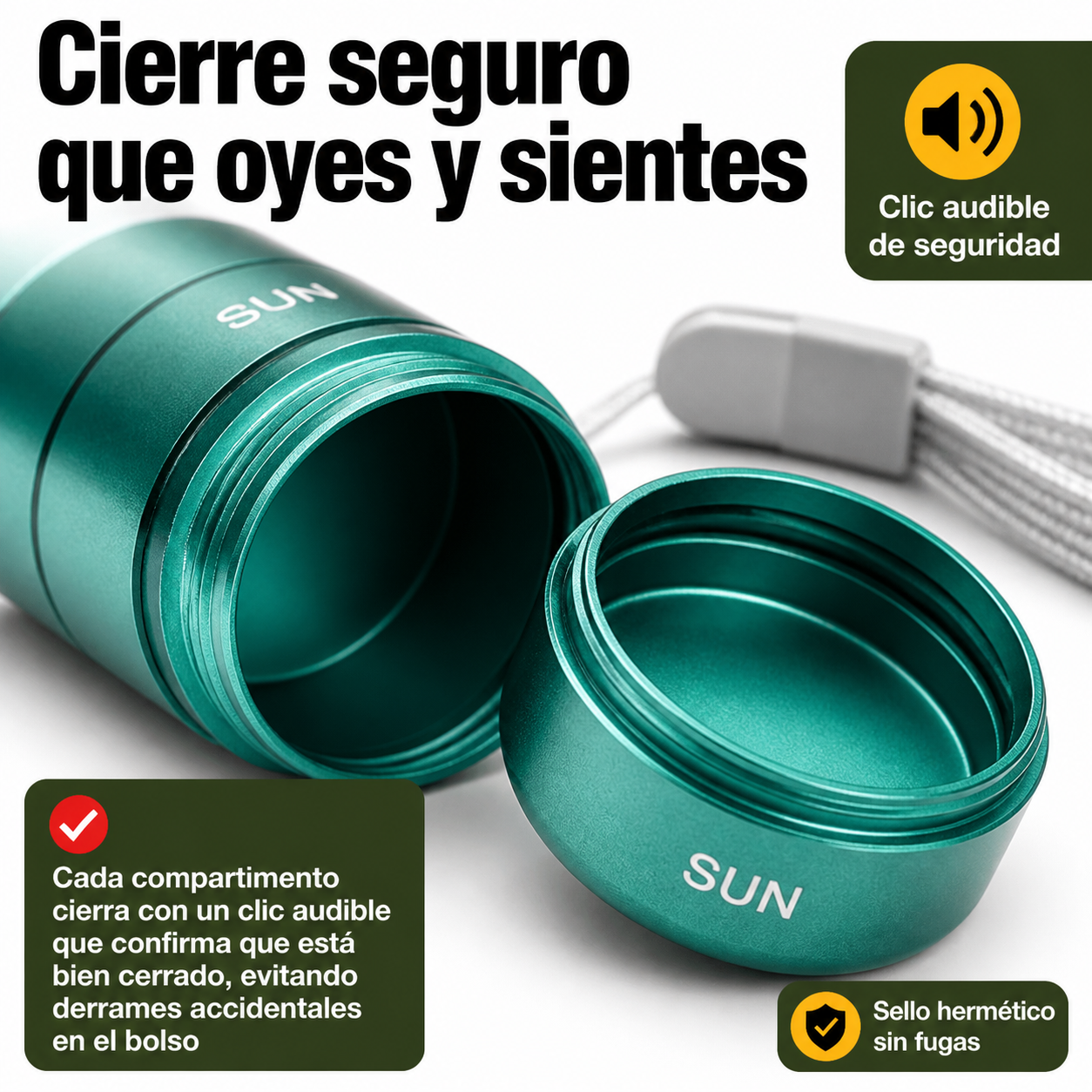 Detalle del mecanismo de cierre de un compartimento del pastillero mostrando el sistema de clic seguro