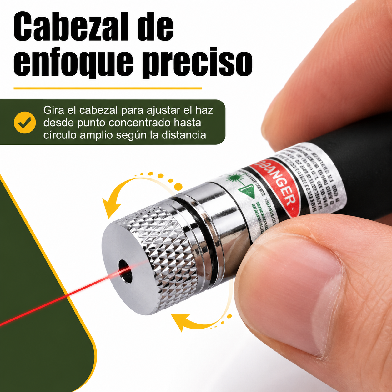 Detalle del cabezal ajustable del puntero láser mostrando el mecanismo de enfoque giratorio