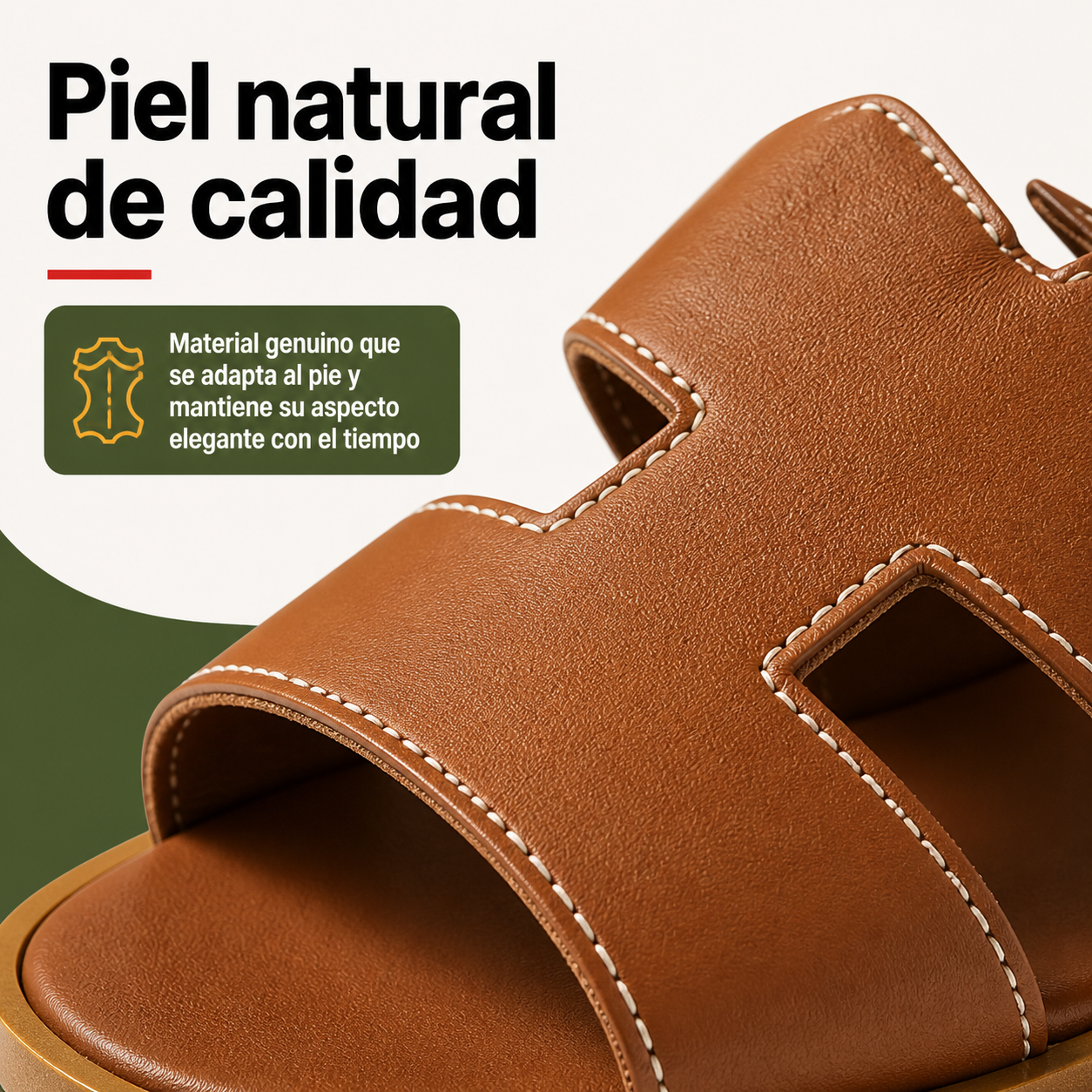 Detalle en primer plano de la piel auténtica de las sandalias mostrando la textura natural y la calidad del material