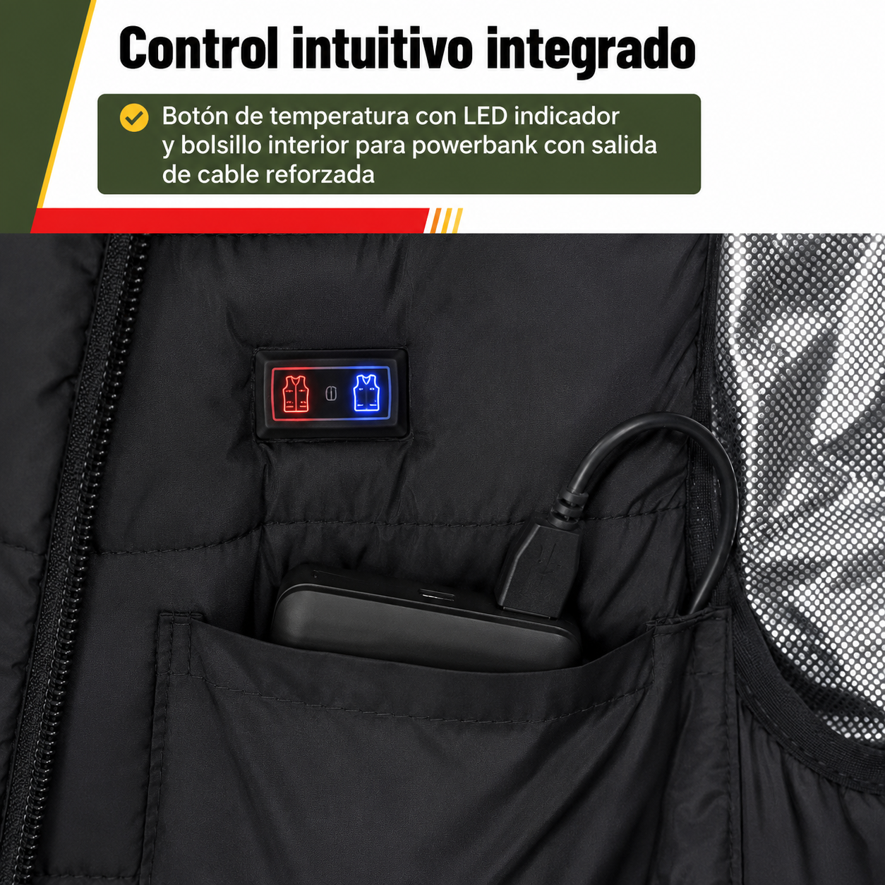 Detalle del panel de control del chaleco térmico con botón de temperatura y conexión USB para powerbank