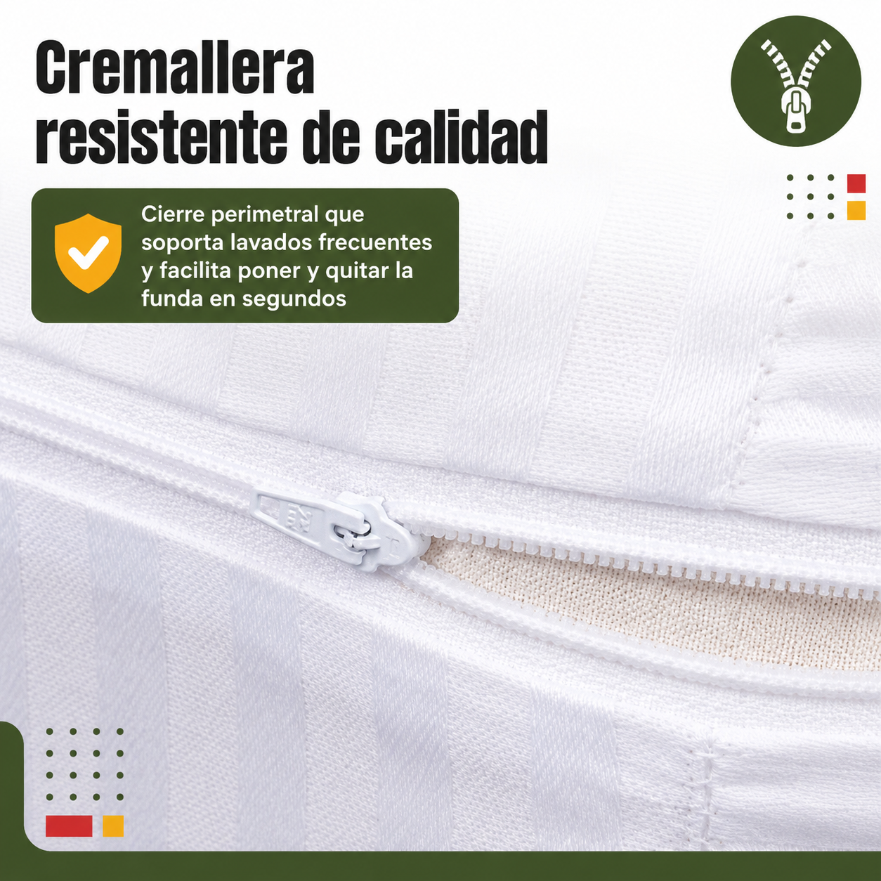 Detalle de la cremallera perimetral de la funda de colchón mostrando el cierre resistente