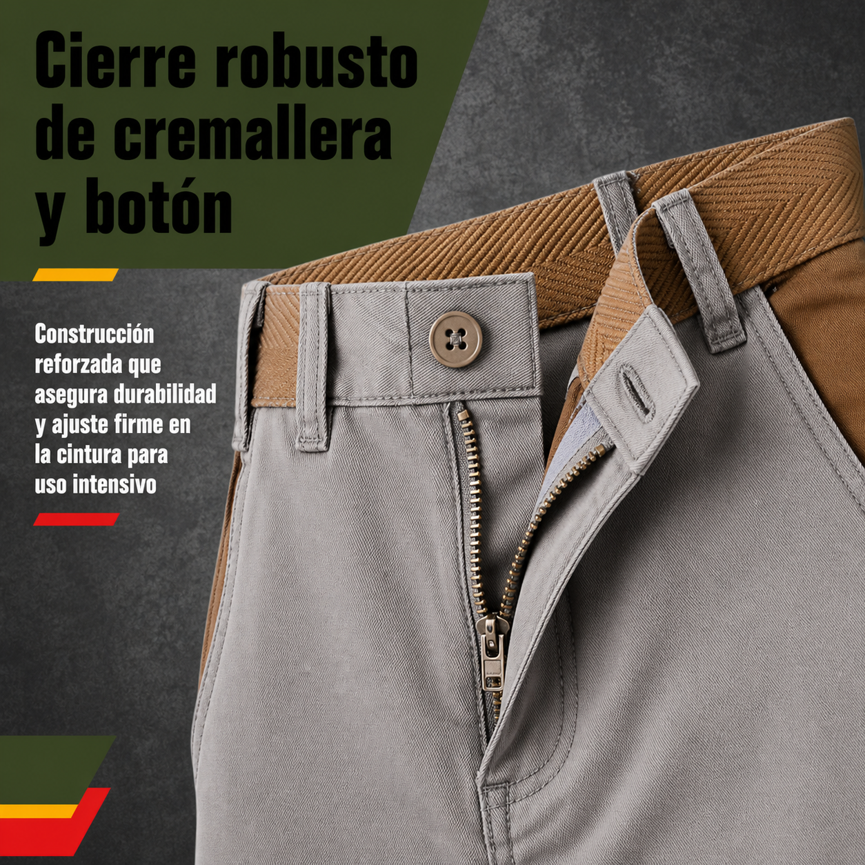 Detalle del cierre de cremallera y botón del pantalón corto cargo MAVERICK mostrando construcción duradera