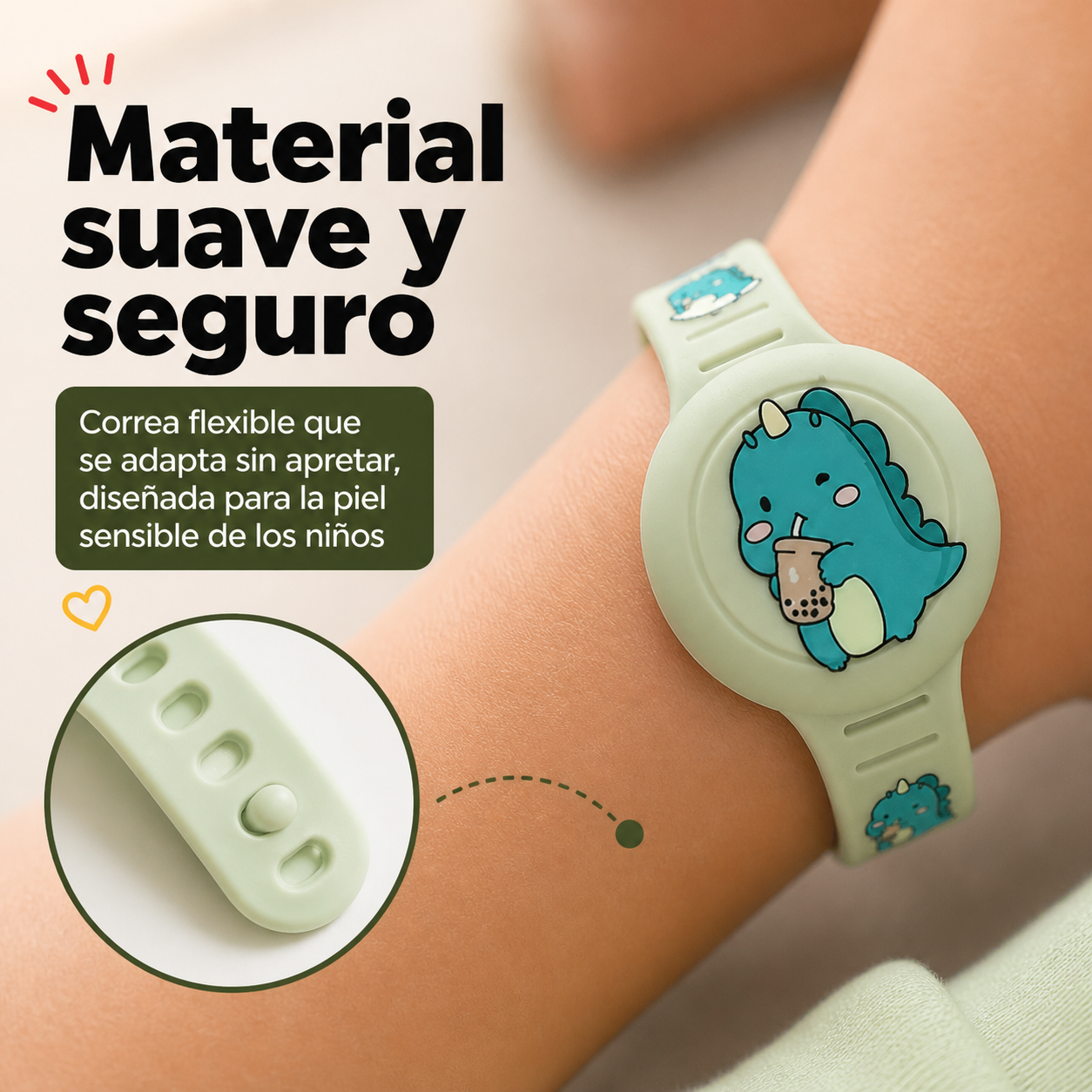 Detalle del cierre ajustable de la pulsera GPS infantil mostrando el material suave y flexible