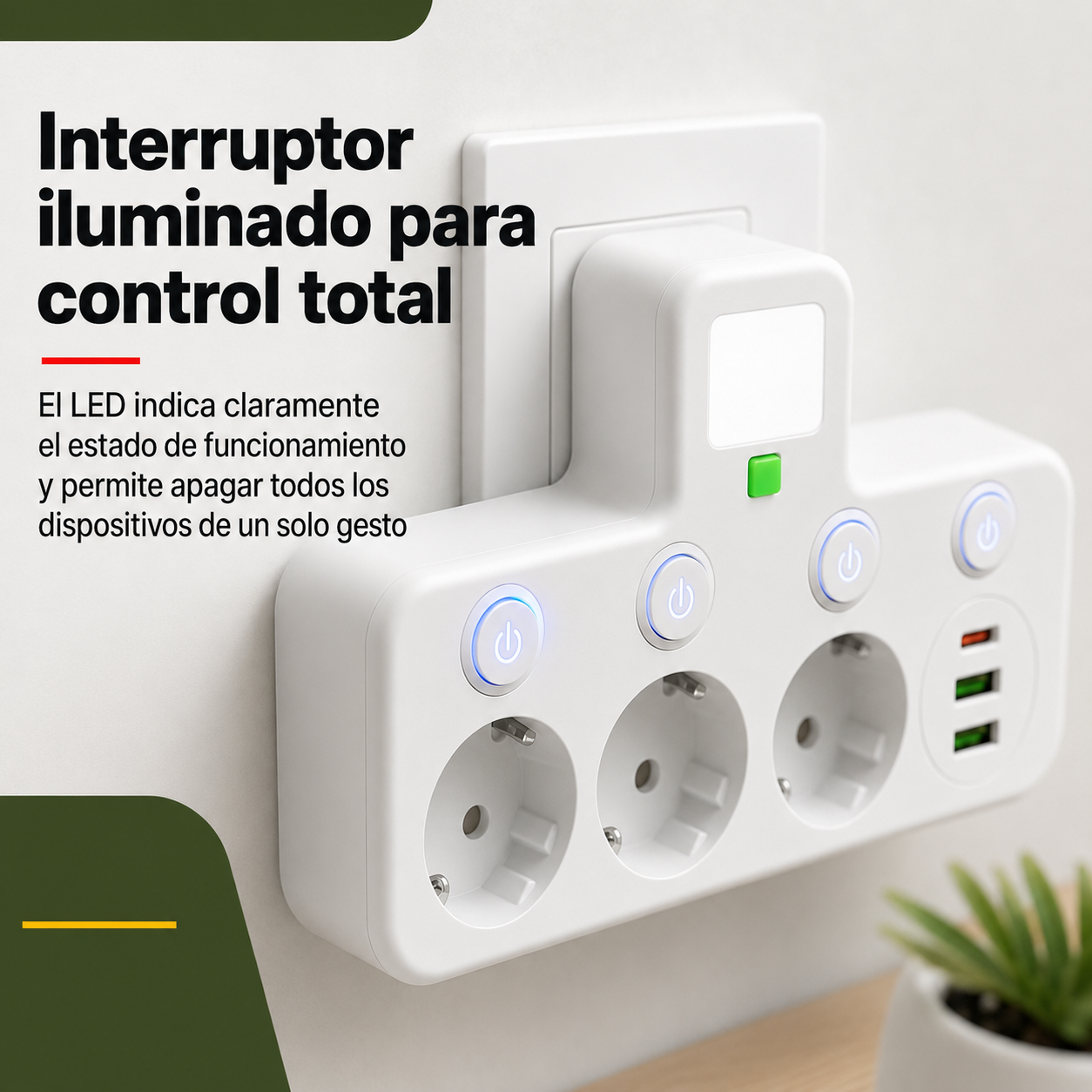 Detalle del interruptor con indicador LED y puertos USB de la regleta PowerGrid
