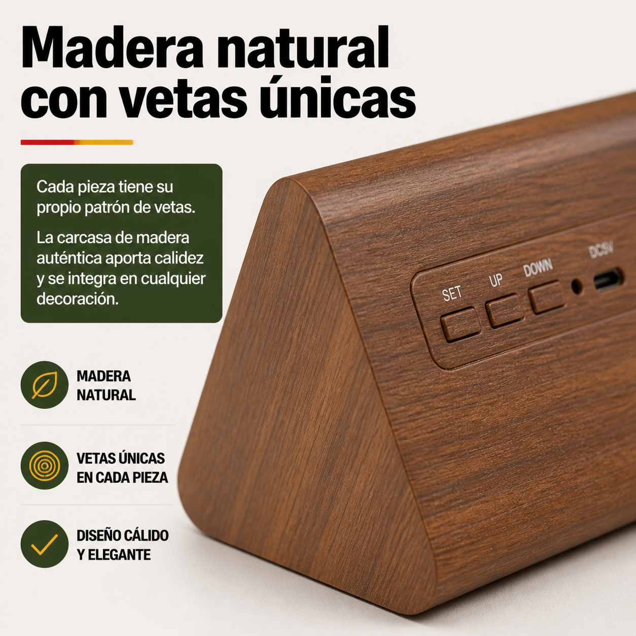 Detalle de la textura de madera natural del reloj despertador y los botones de control en la parte trasera de la carcasa