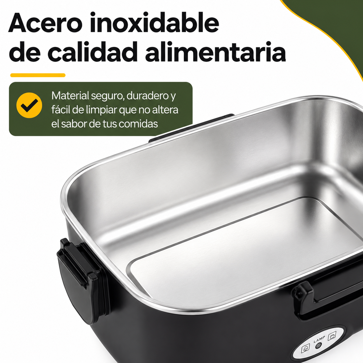 Detalle del recipiente interior de acero inoxidable de la fiambrera eléctrica con cierre hermético