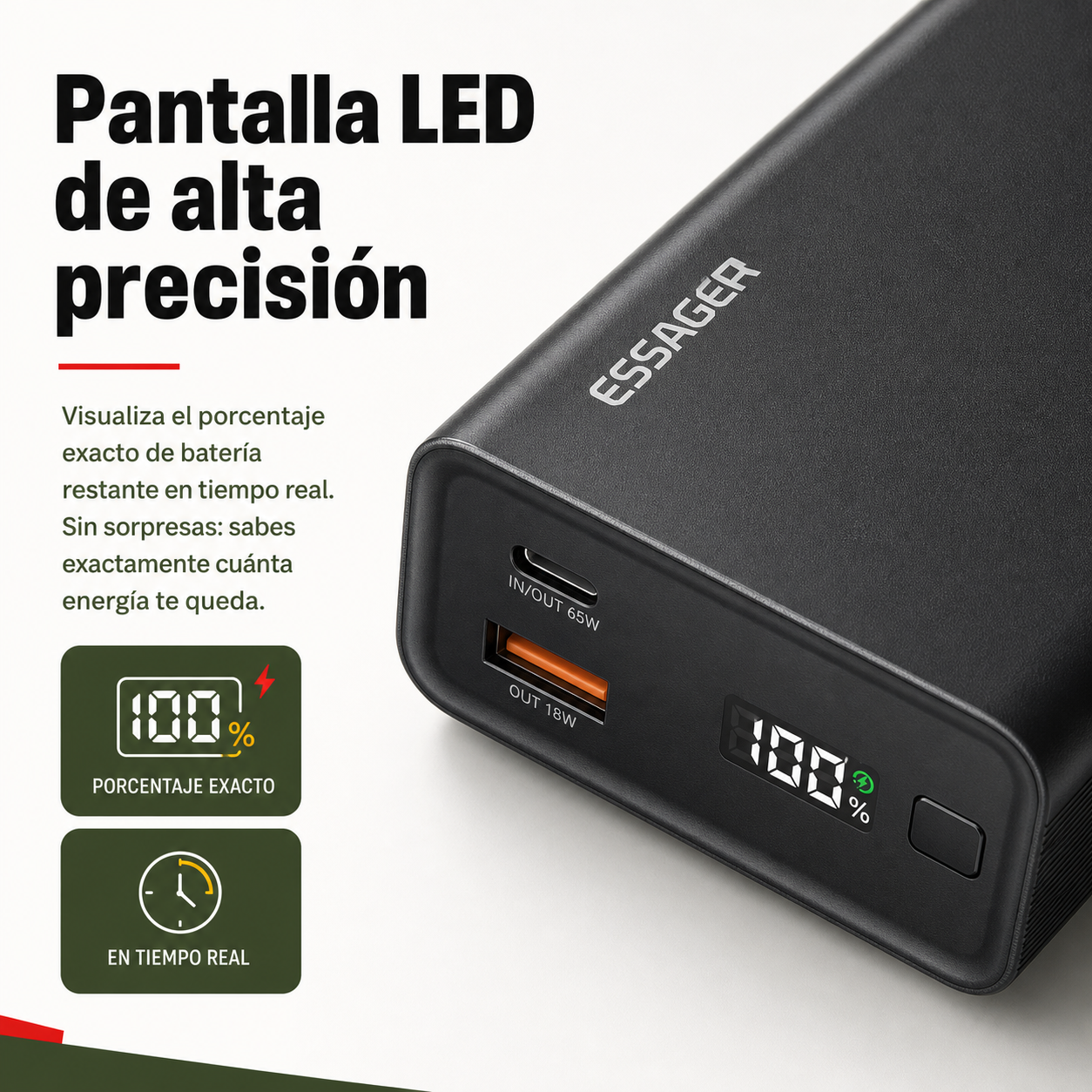 Detalle de la pantalla digital LED de la batería externa mostrando el porcentaje exacto de carga restante
