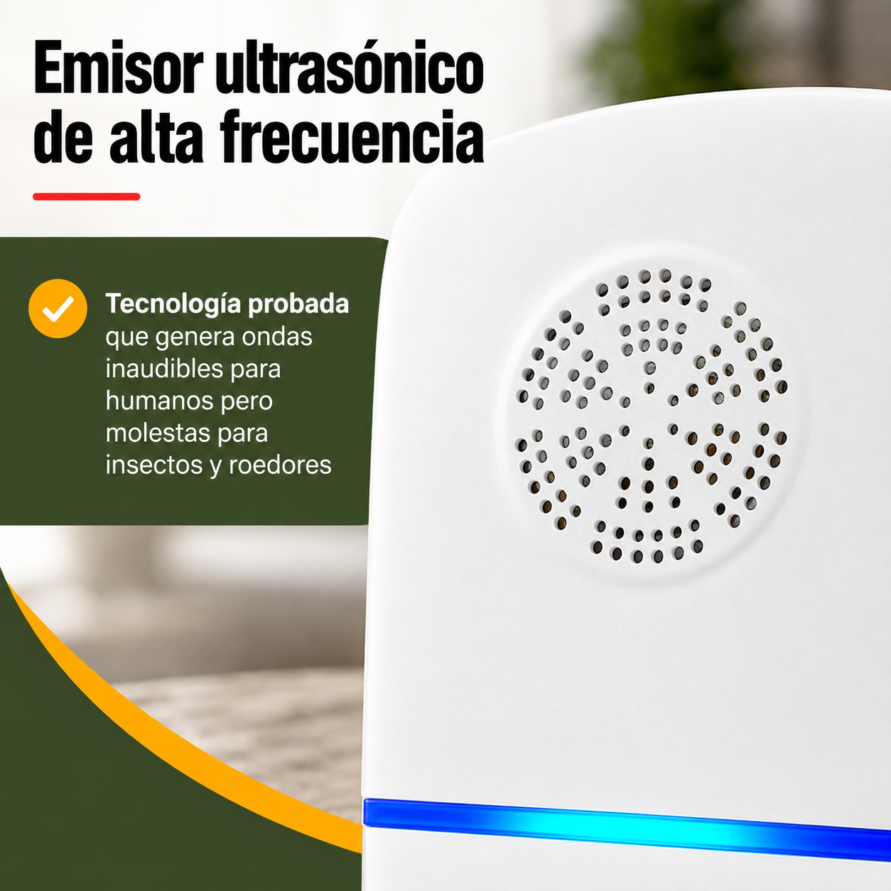 Detalle del emisor ultrasónico y conexión eléctrica del dispositivo repelente de plagas