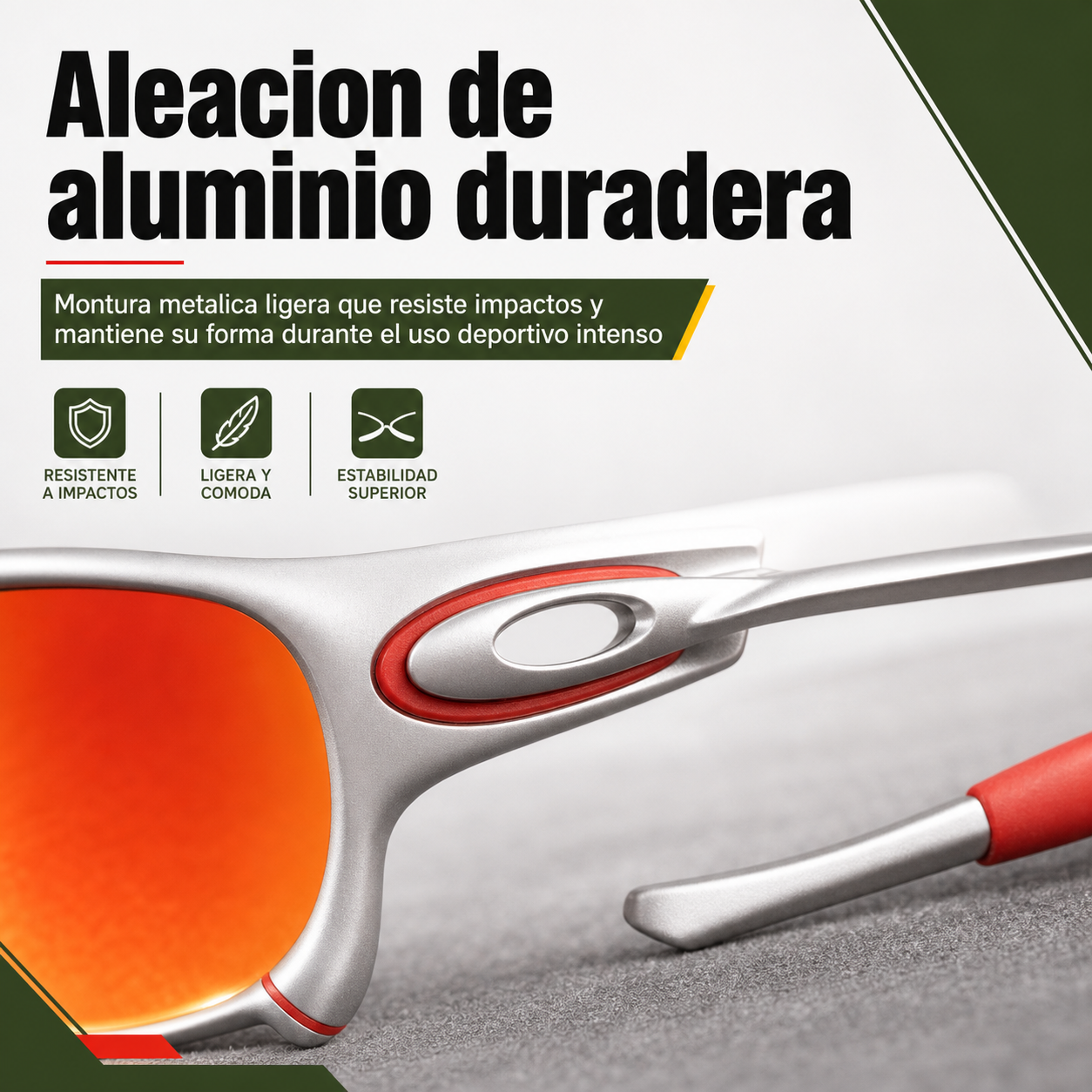 Detalle de la montura de aleación de aluminio de las gafas de sol deportivas mostrando la bisagra y acabado metálico