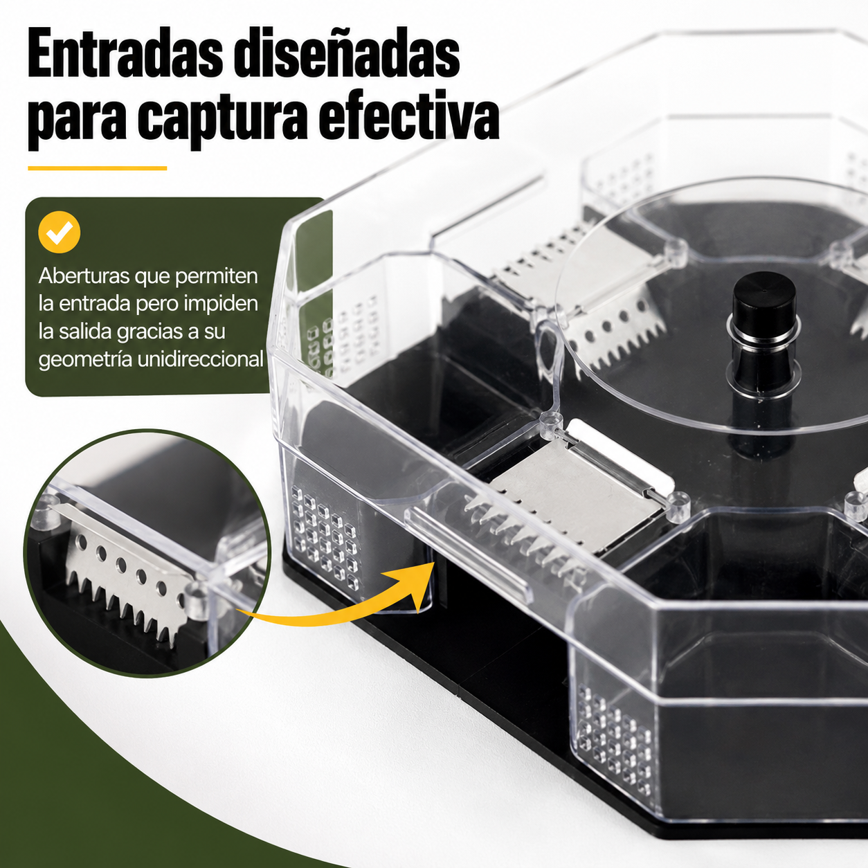 Detalle de las aberturas de entrada de la trampa para cucarachas, mostrando el mecanismo de captura unidireccional