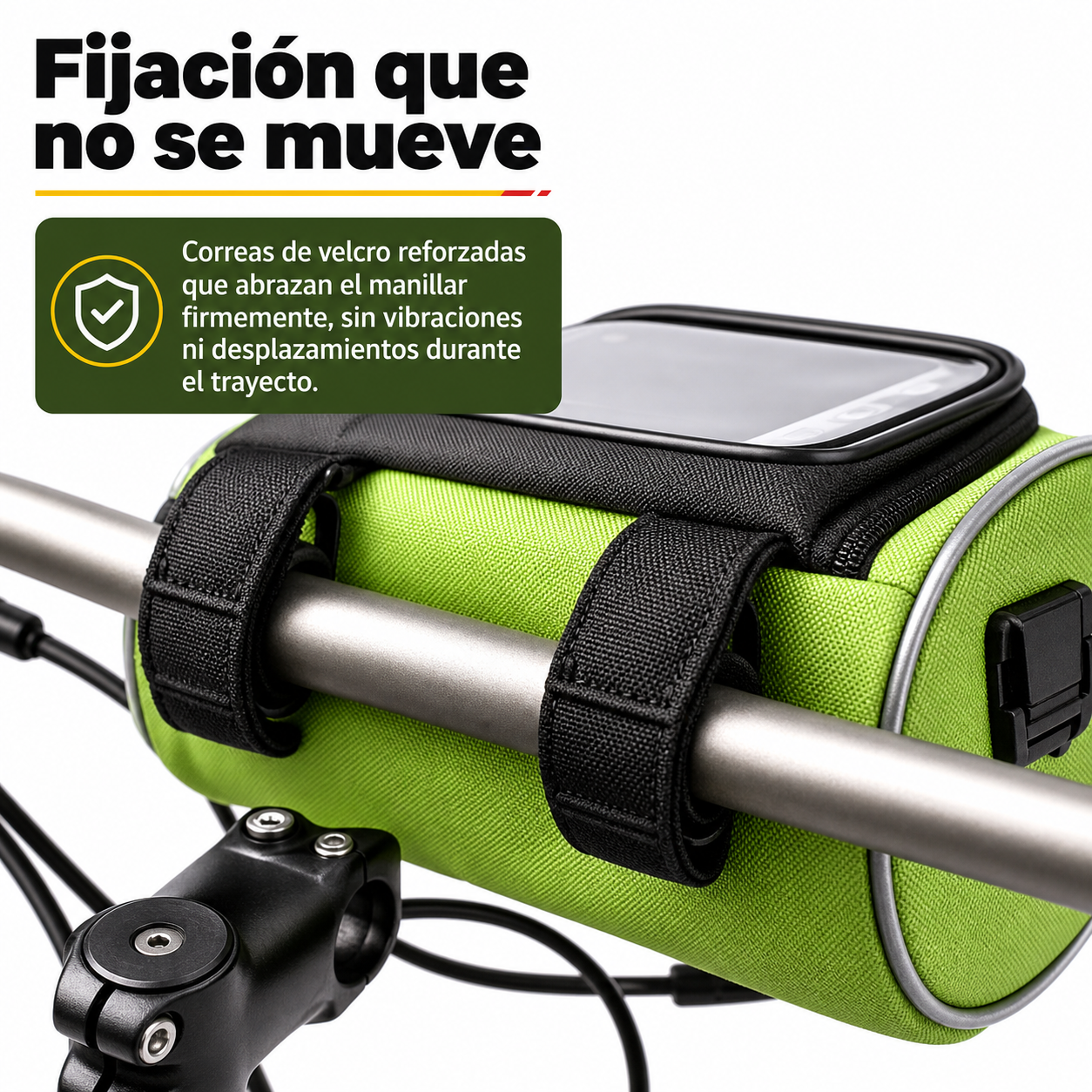 Detalle del sistema de fijación por velcro de la bolsa de manillar para bicicleta