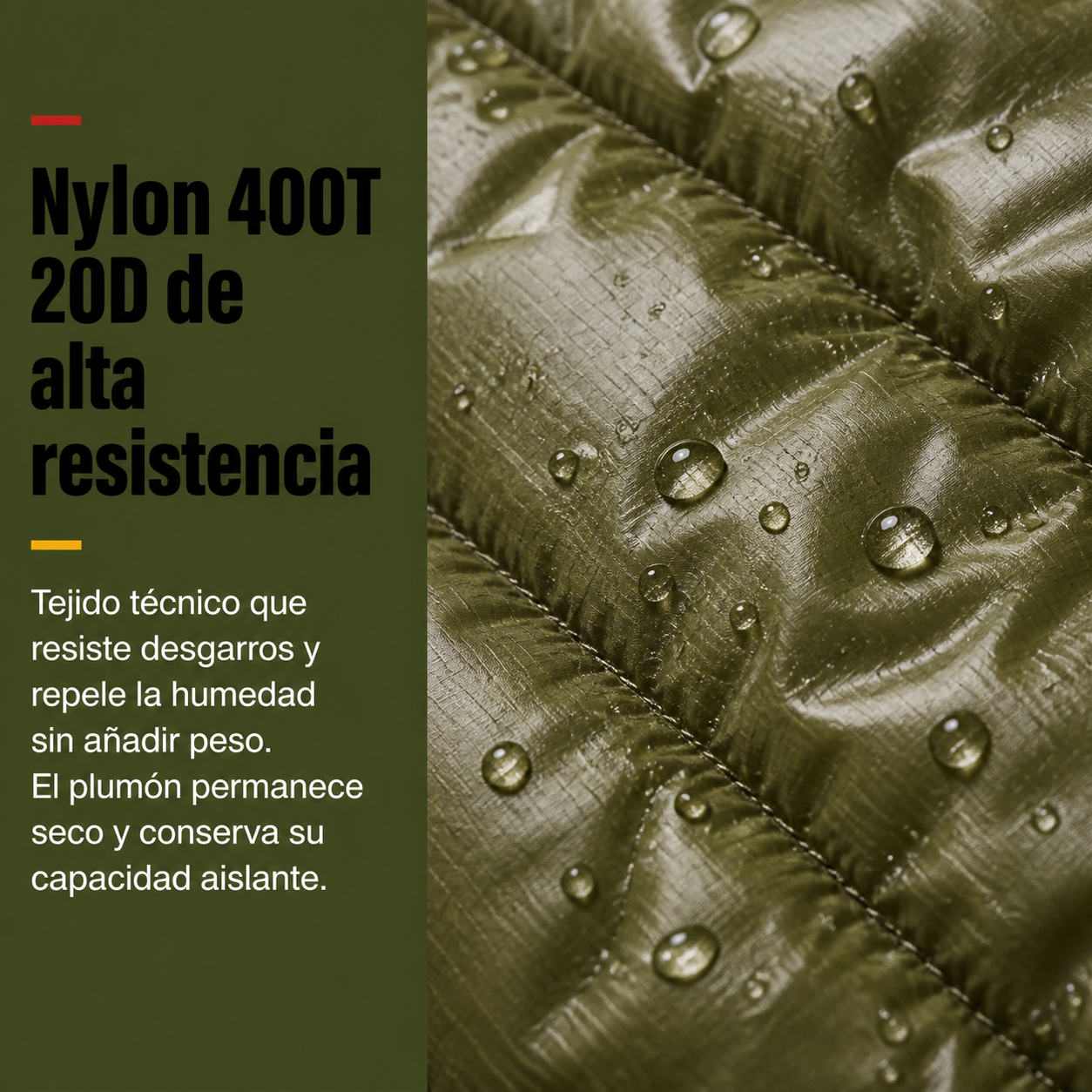 Detalle del tejido de nylon 20D resistente al desgarro del saco de dormir de plumón
