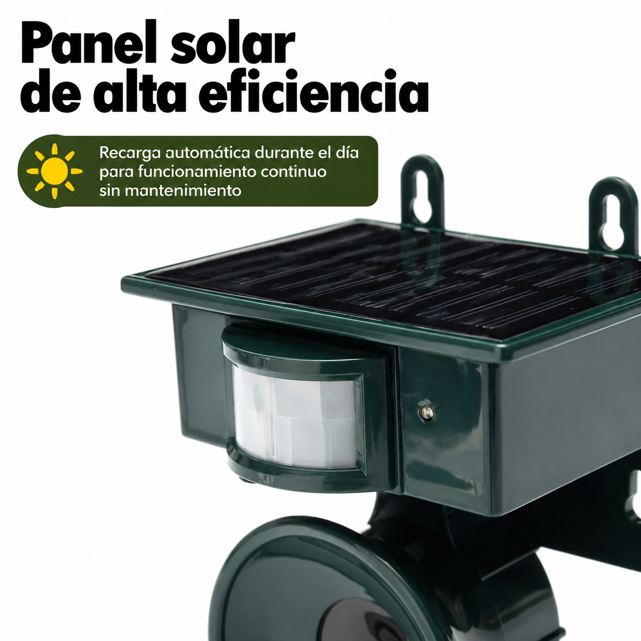 Detalle del panel solar y sensor de movimiento PIR del ahuyentador de animales