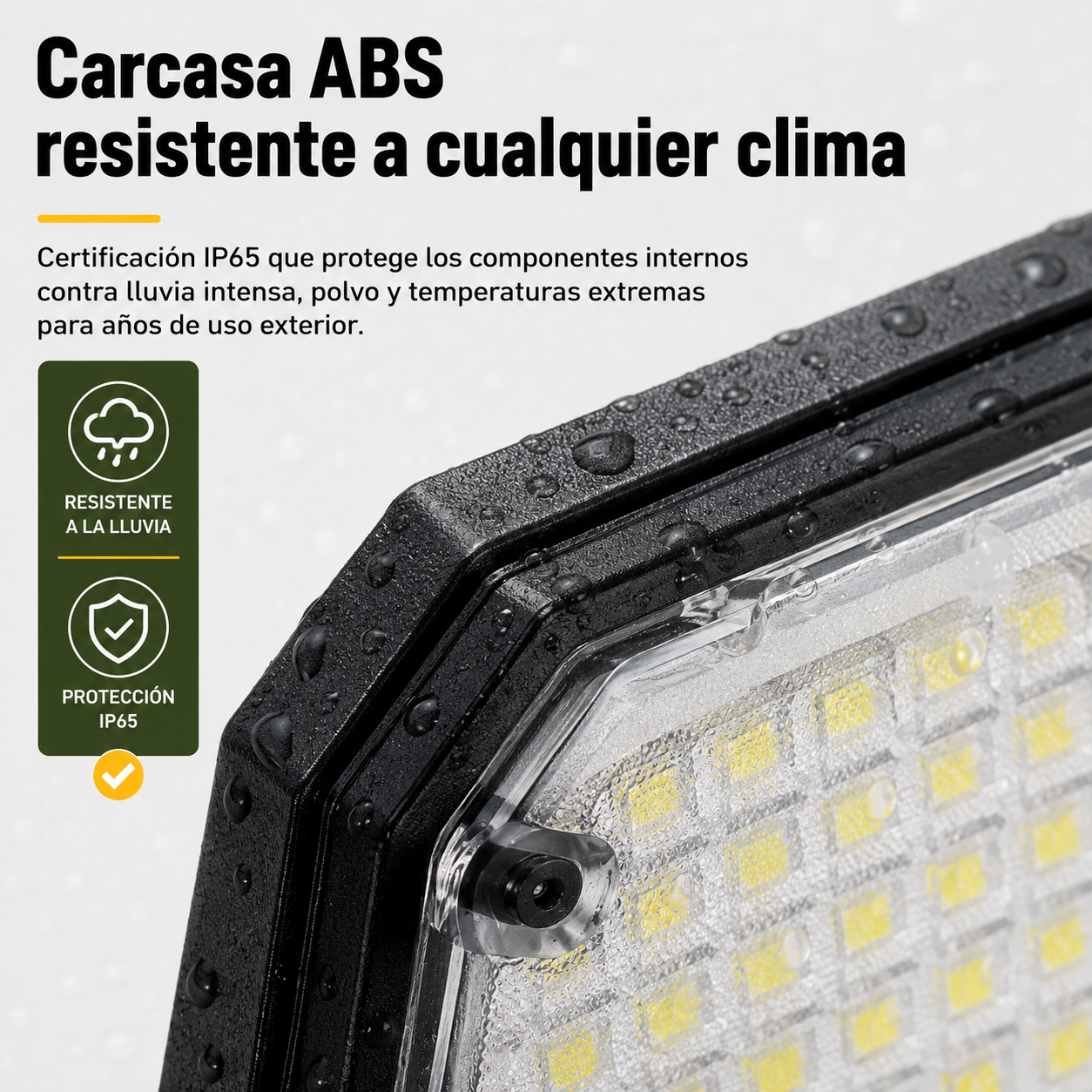 Detalle del panel solar y carcasa ABS resistente al agua del foco LED exterior