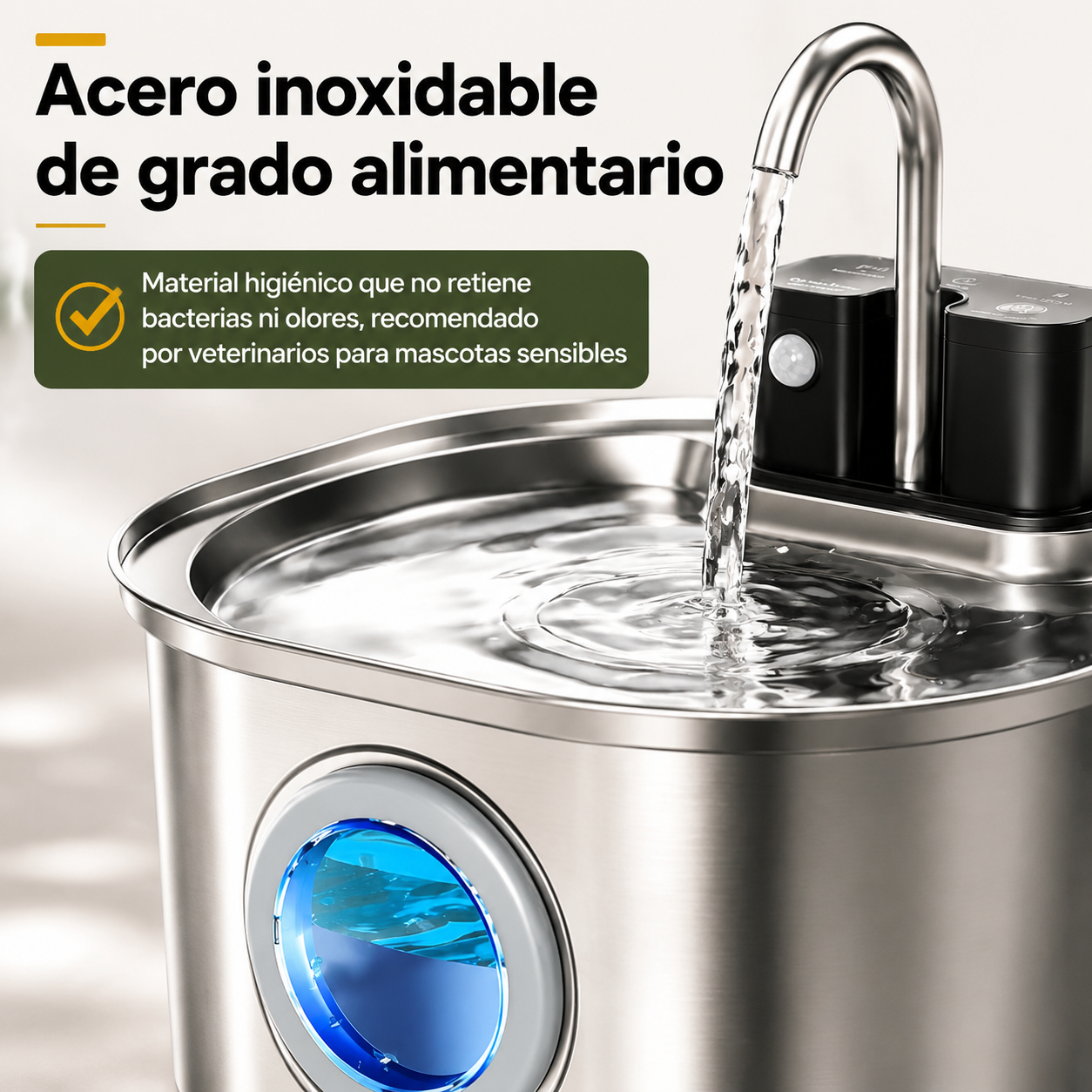 Detalle del sensor de movimiento y construcción en acero inoxidable de la fuente de agua para mascotas