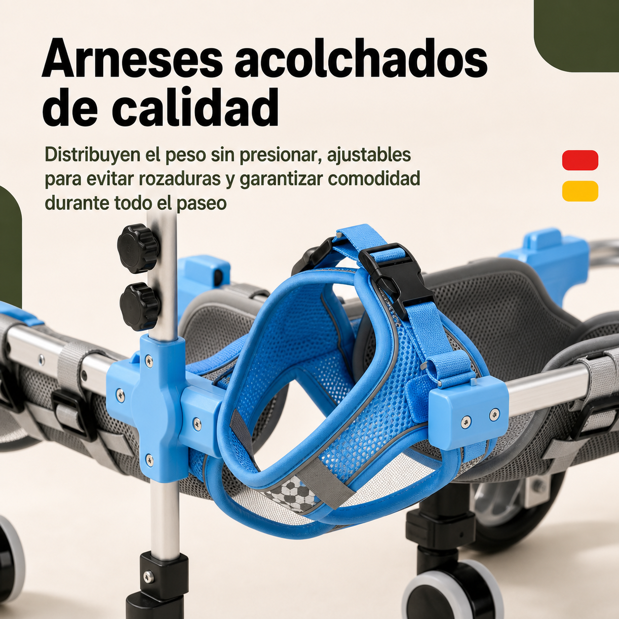 Detalle del arnés acolchado y sistema de ajuste de la silla de ruedas para perros y gatos
