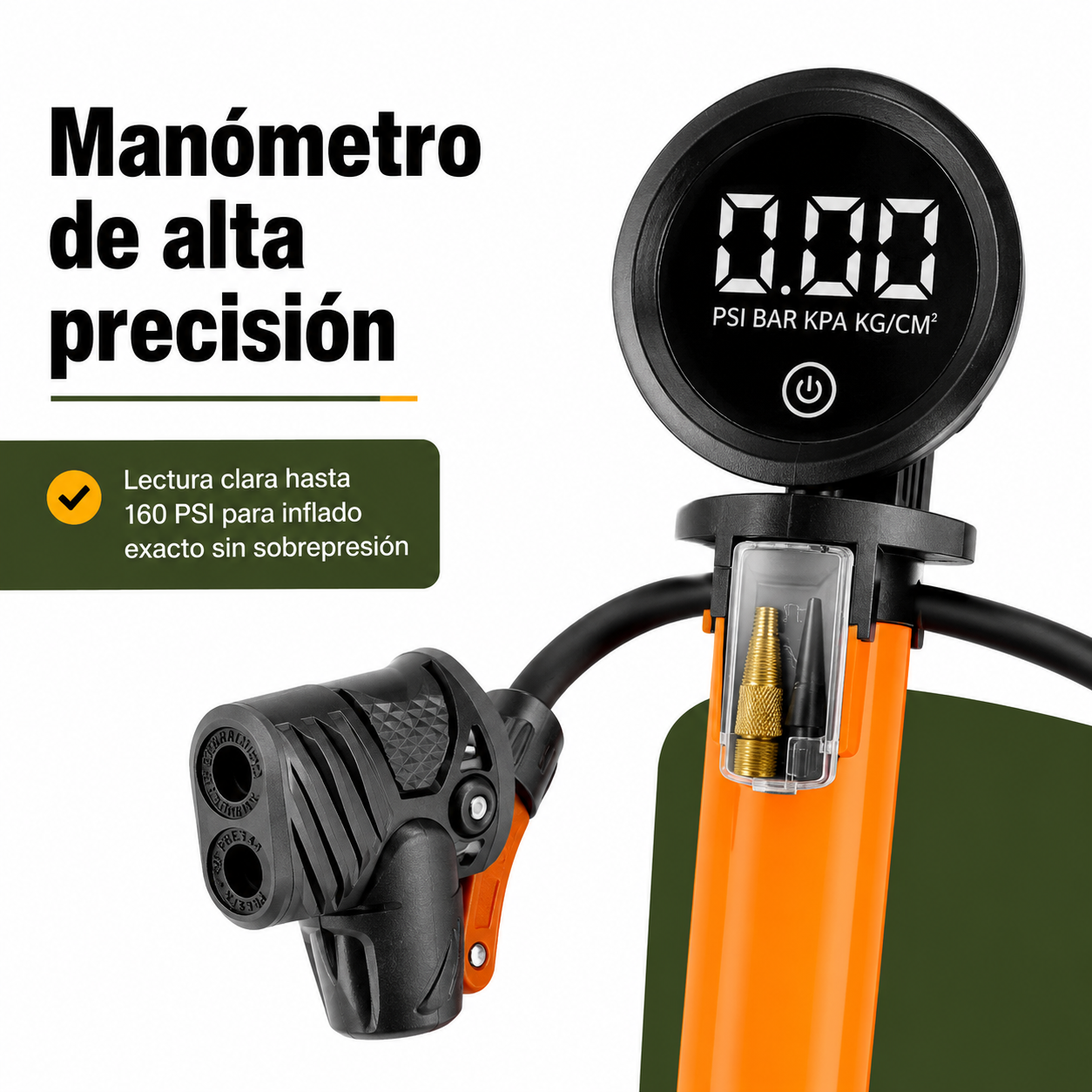Detalle del manómetro de alta precisión y conexión del adaptador 3 en 1 en la bomba de aire manual