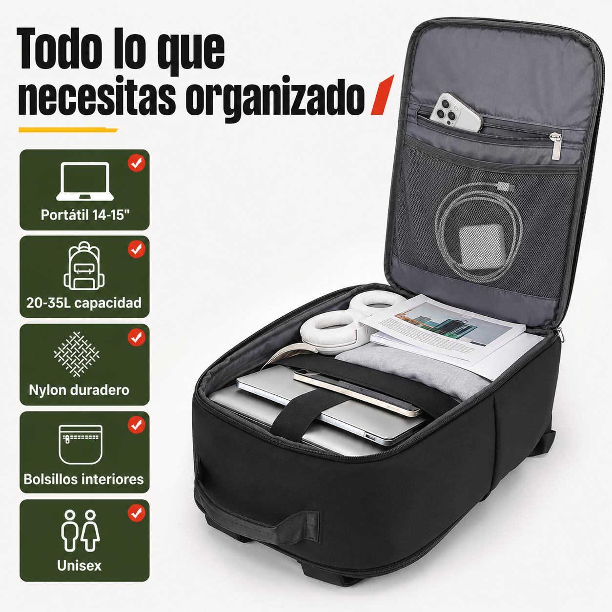 Mochila en uso mostrando compartimentos organizadores, capacidad de 20-35L y compatibilidad con portátiles de hasta 15 pulgadas