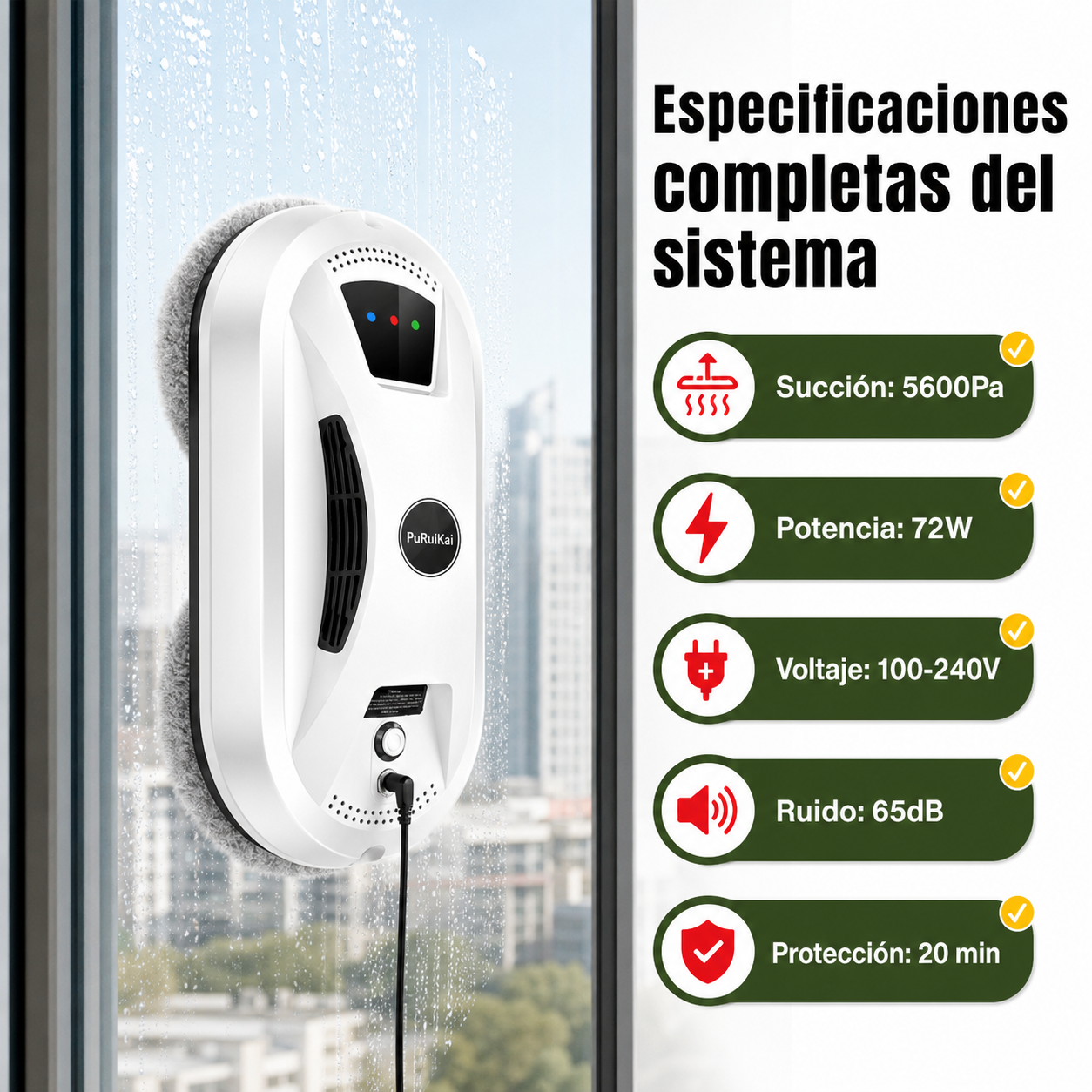 Robot limpiacristales en funcionamiento con especificaciones técnicas: 5600Pa, 72W, 100-240V, 65dB