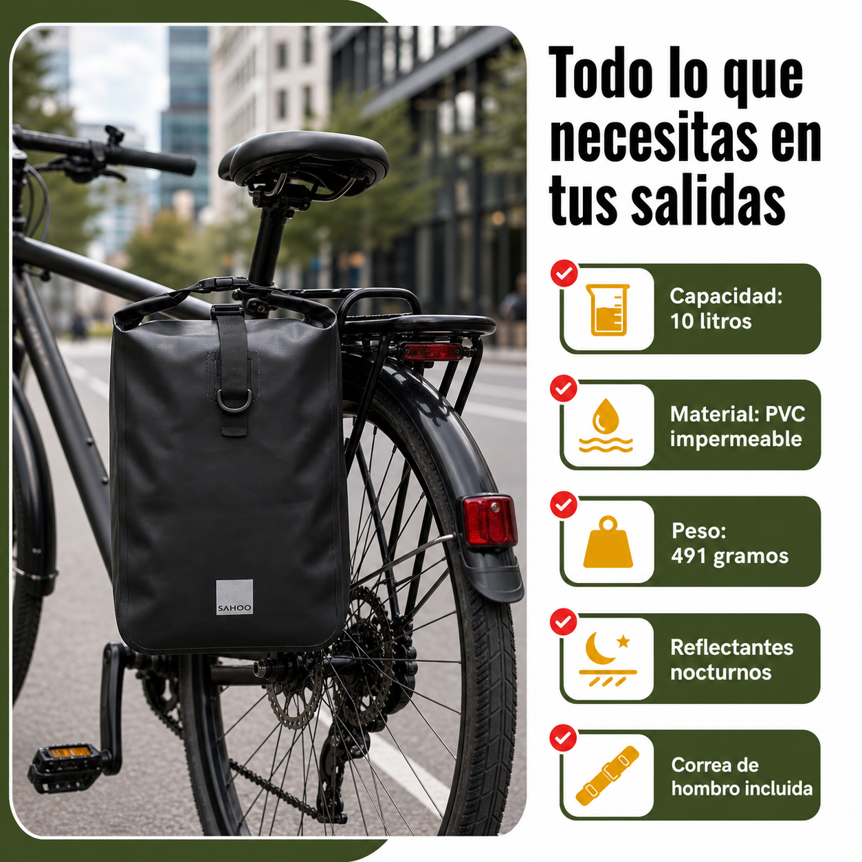 Alforja instalada en portaequipajes de bicicleta con especificaciones de capacidad, material PVC y peso de 491 gramos