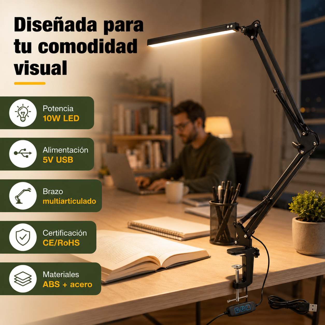 Lámpara LED en uso sobre escritorio con especificaciones técnicas: 10W, 5V, brazo articulado y pinza ajustable
