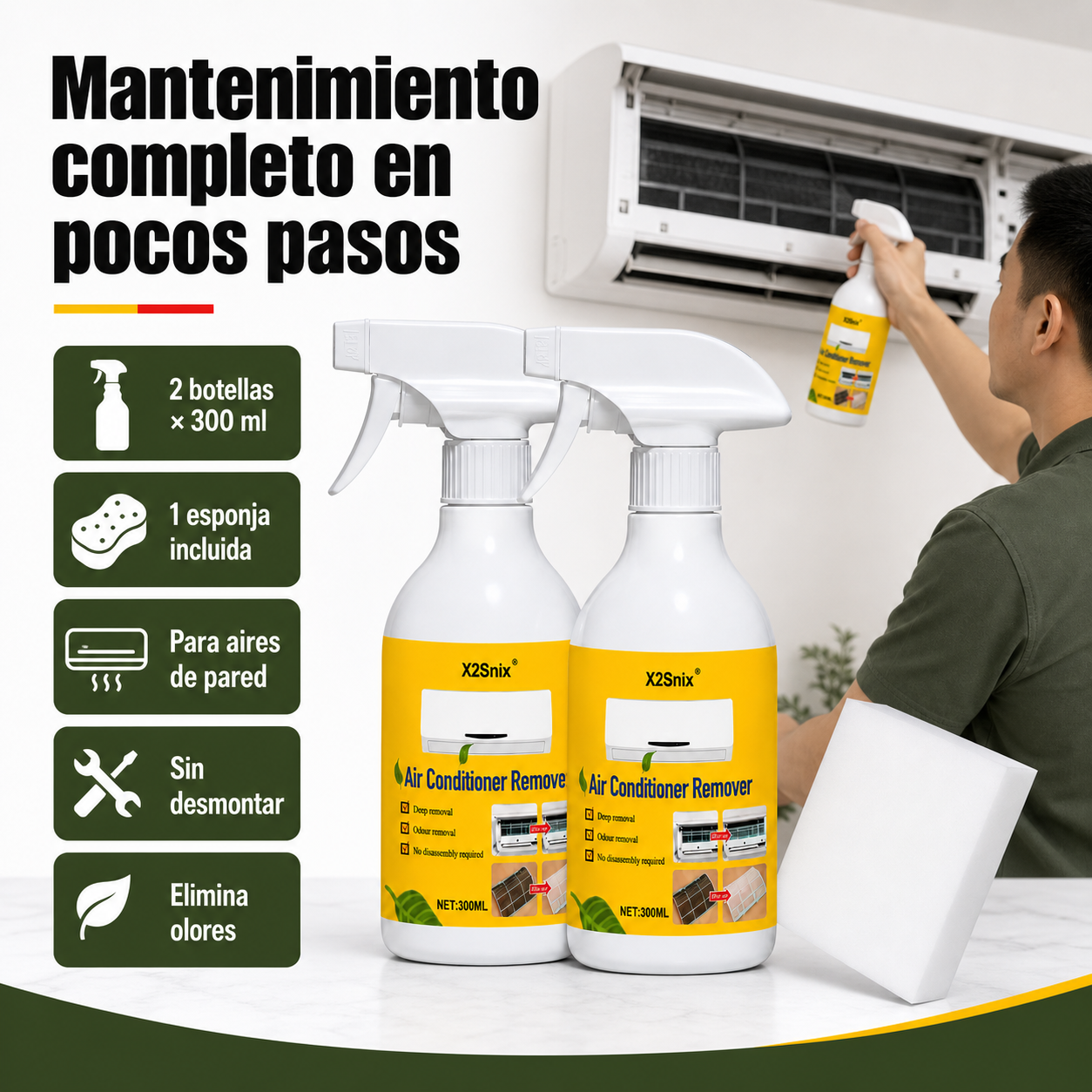 Kit completo de limpieza de aire acondicionado mostrando las dos botellas y esponja con especificaciones