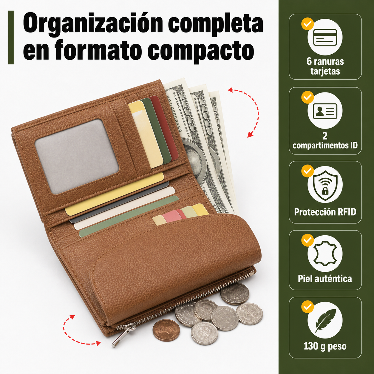 Cartera de piel abierta mostrando compartimentos para 6 tarjetas, billetes y dos bolsillos para monedas