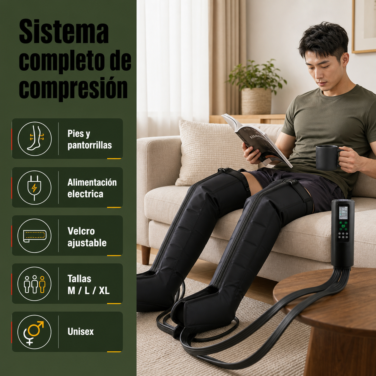Masajeador de piernas en uso con iconos de especificaciones: zonas de aplicación, alimentación eléctrica, ajuste de velcro y tallas disponibles