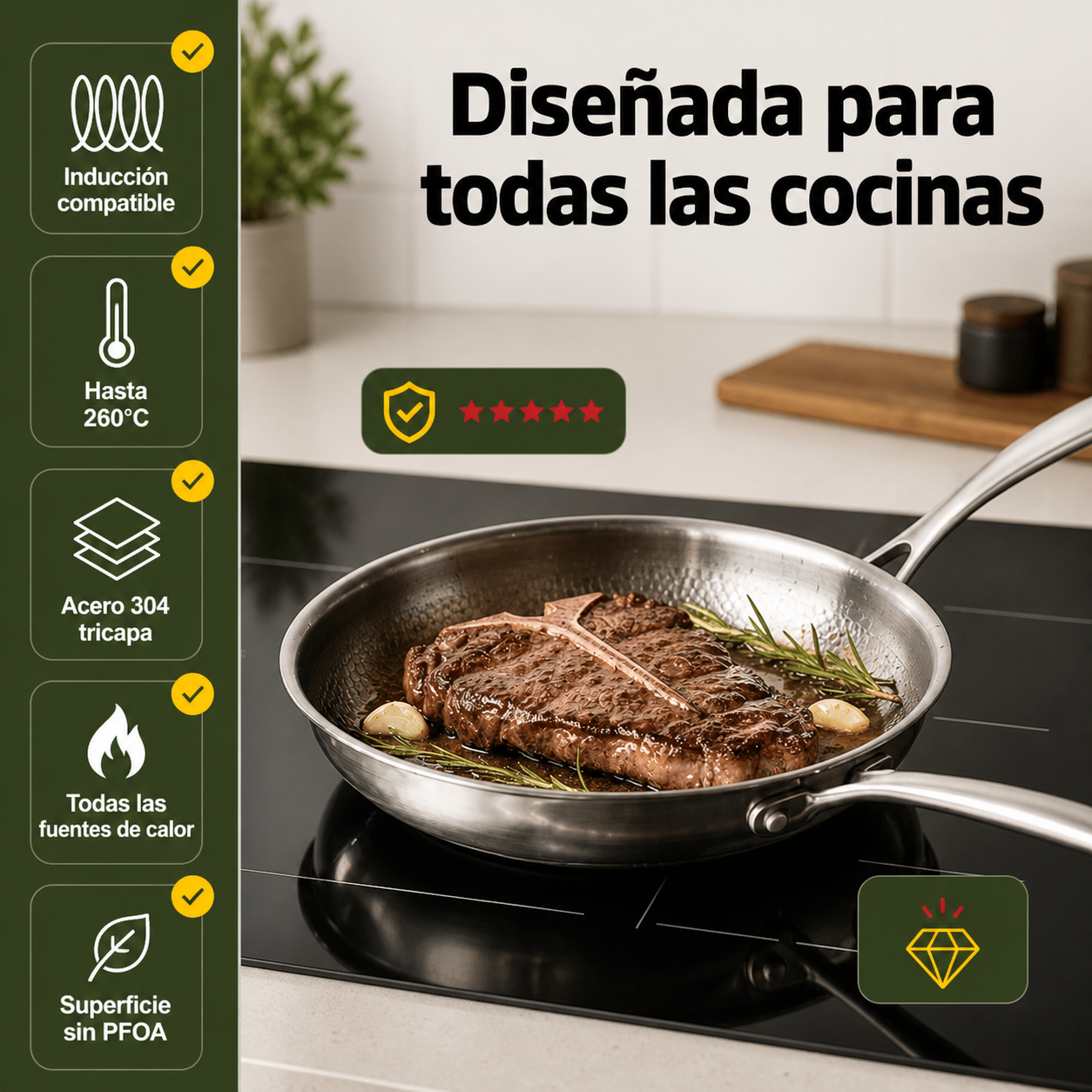 Sartén de acero inoxidable en uso sobre cocina con especificaciones de compatibilidad y resistencia térmica