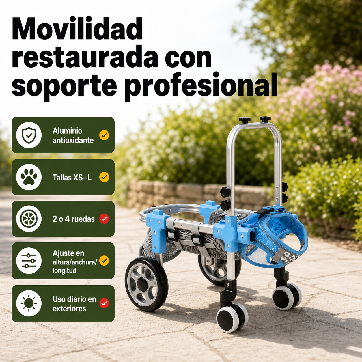 Silla de ruedas para mascotas en uso, mostrando configuraciones de 2 y 4 ruedas con especificaciones de estabilidad y materiales