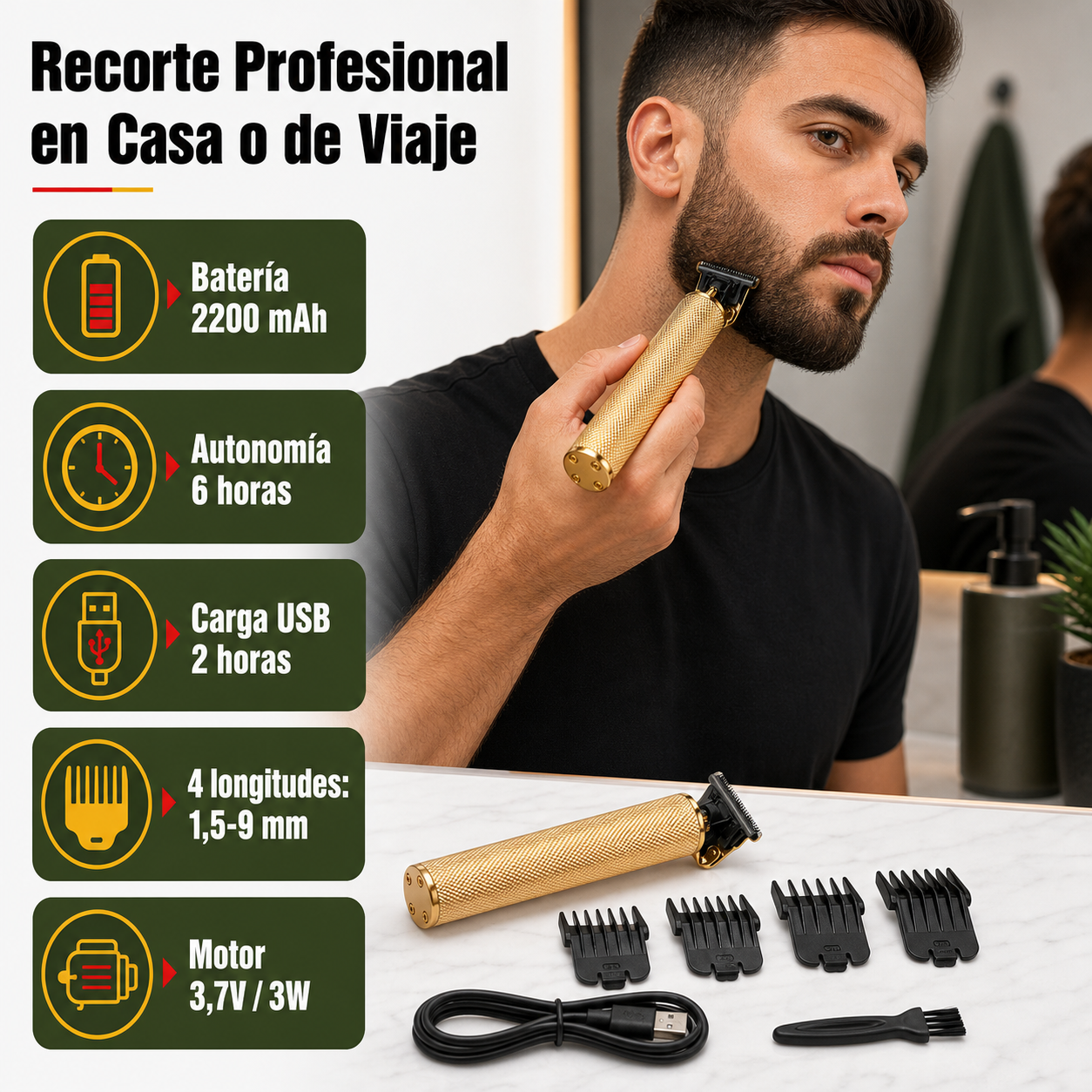 Recortadora de pelo en uso mostrando batería de 2200 mAh, 4 peines guía y autonomía de 6 horas