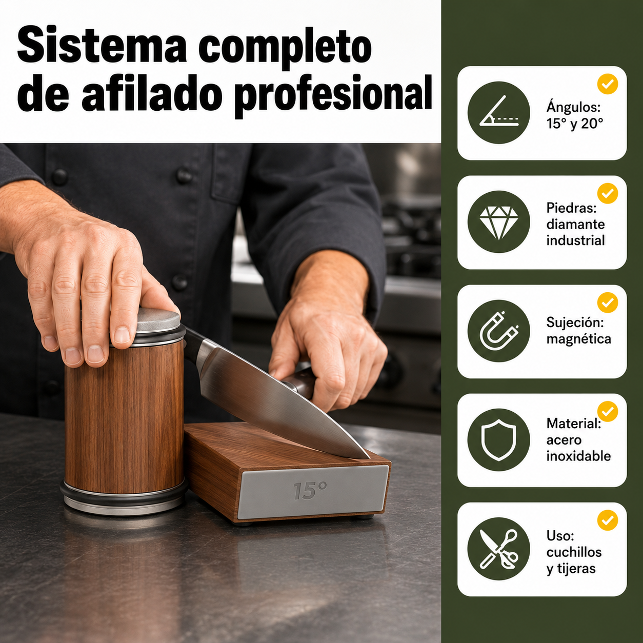 Sistema completo de afilado en uso mostrando soporte magnético, rodillo angular y piedras de diferentes granos