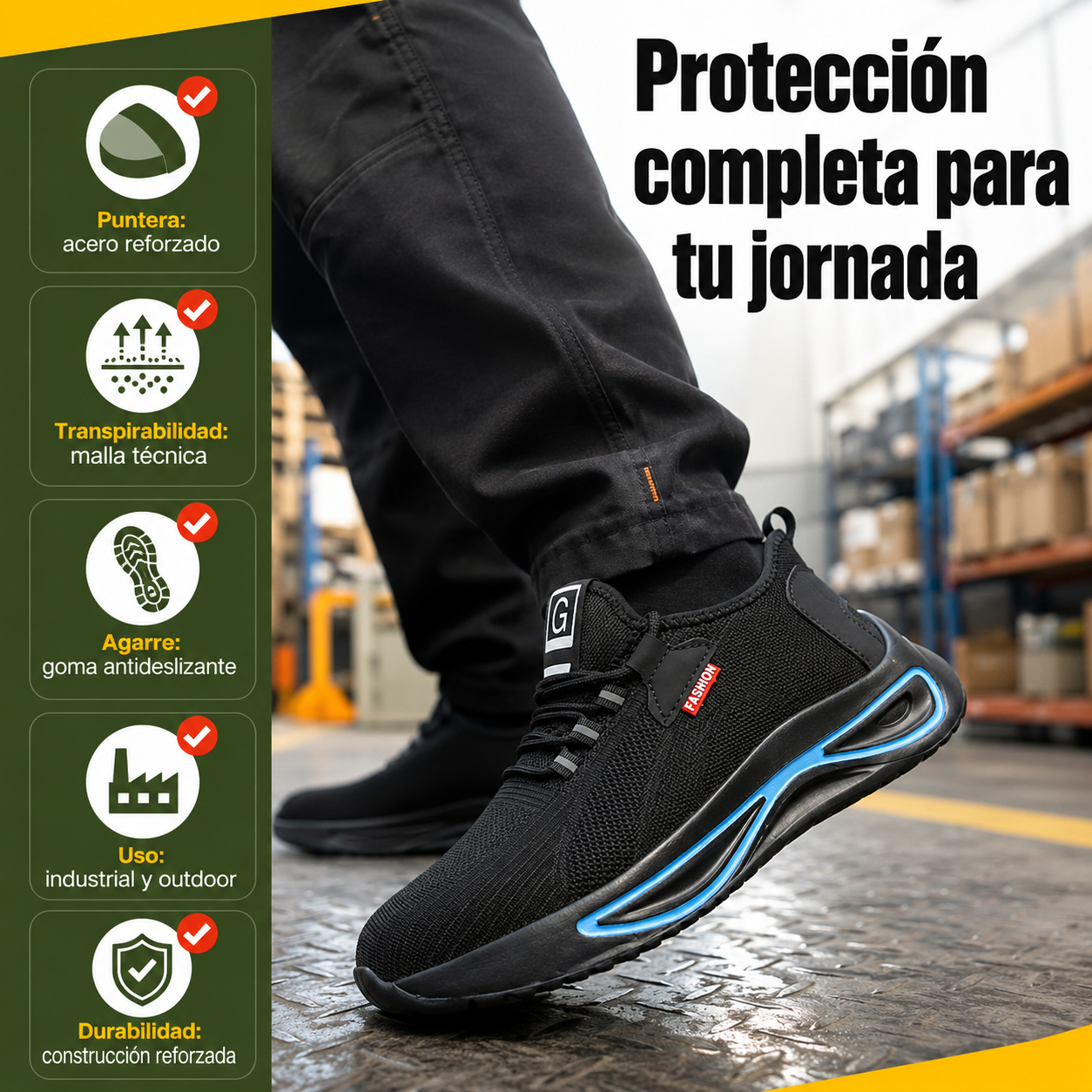 Zapato de seguridad en contexto de uso con especificaciones técnicas de protección y materiales