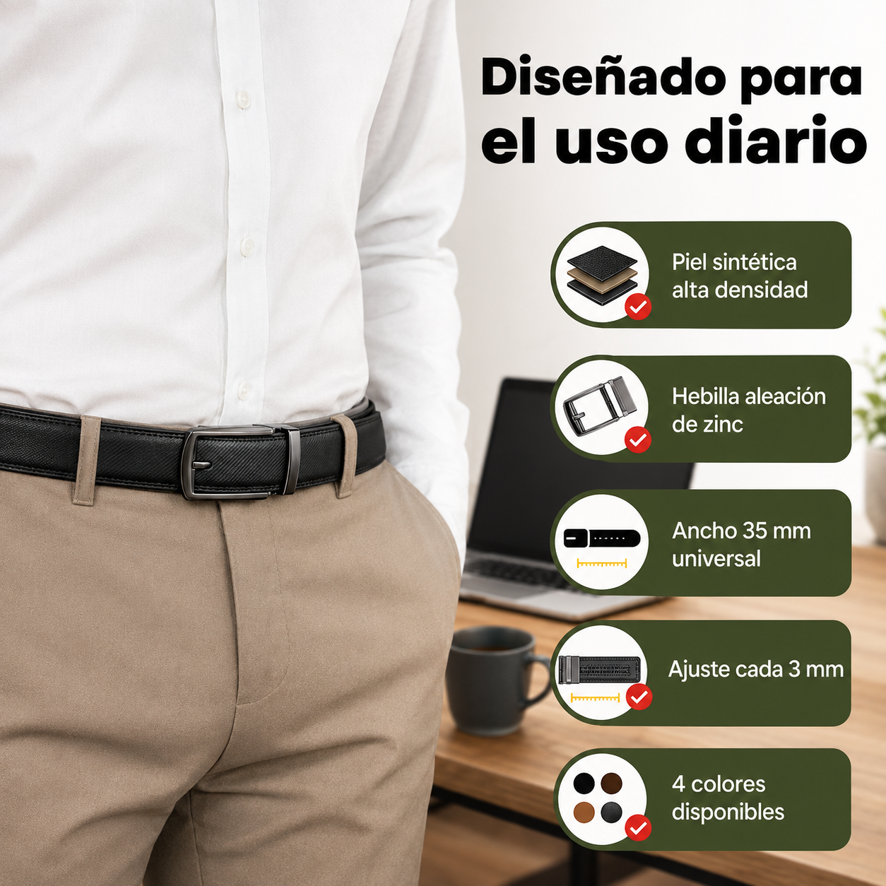 Cinturón automático en uso mostrando compatibilidad con pantalones formales y casuales, especificaciones de materiales