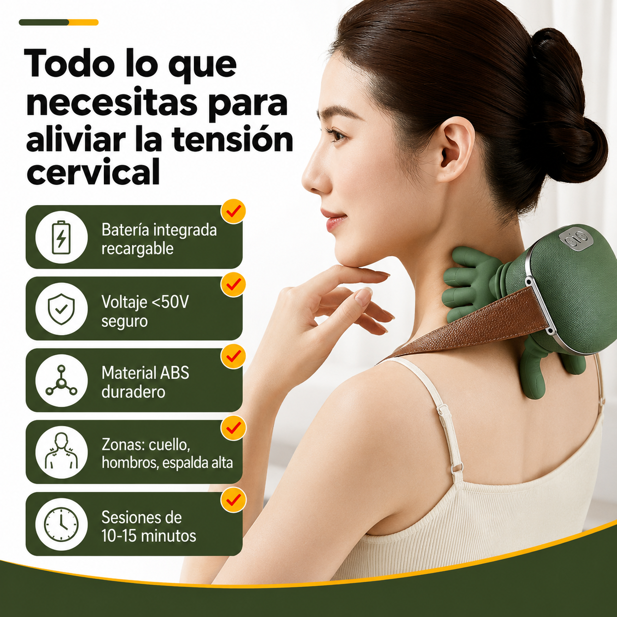 Masajeador cervical en uso mostrando zonas de aplicación y especificaciones técnicas