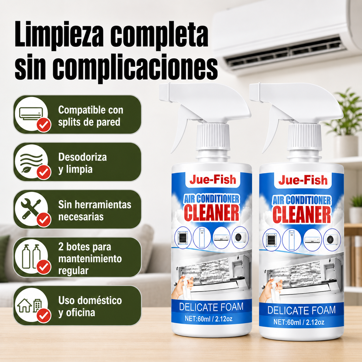 Limpiador en espuma para aire acondicionado en uso con iconos de compatibilidad, aplicación directa y desodorización