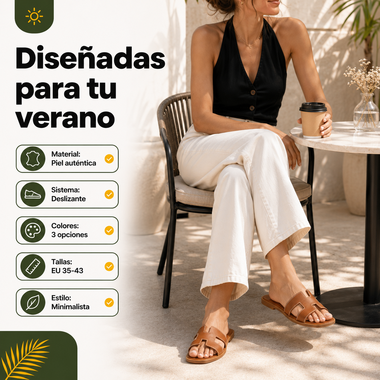 Sandalias de piel en uso con especificaciones clave: material genuino, sistema deslizante, disponibles en 3 colores y 9 tallas