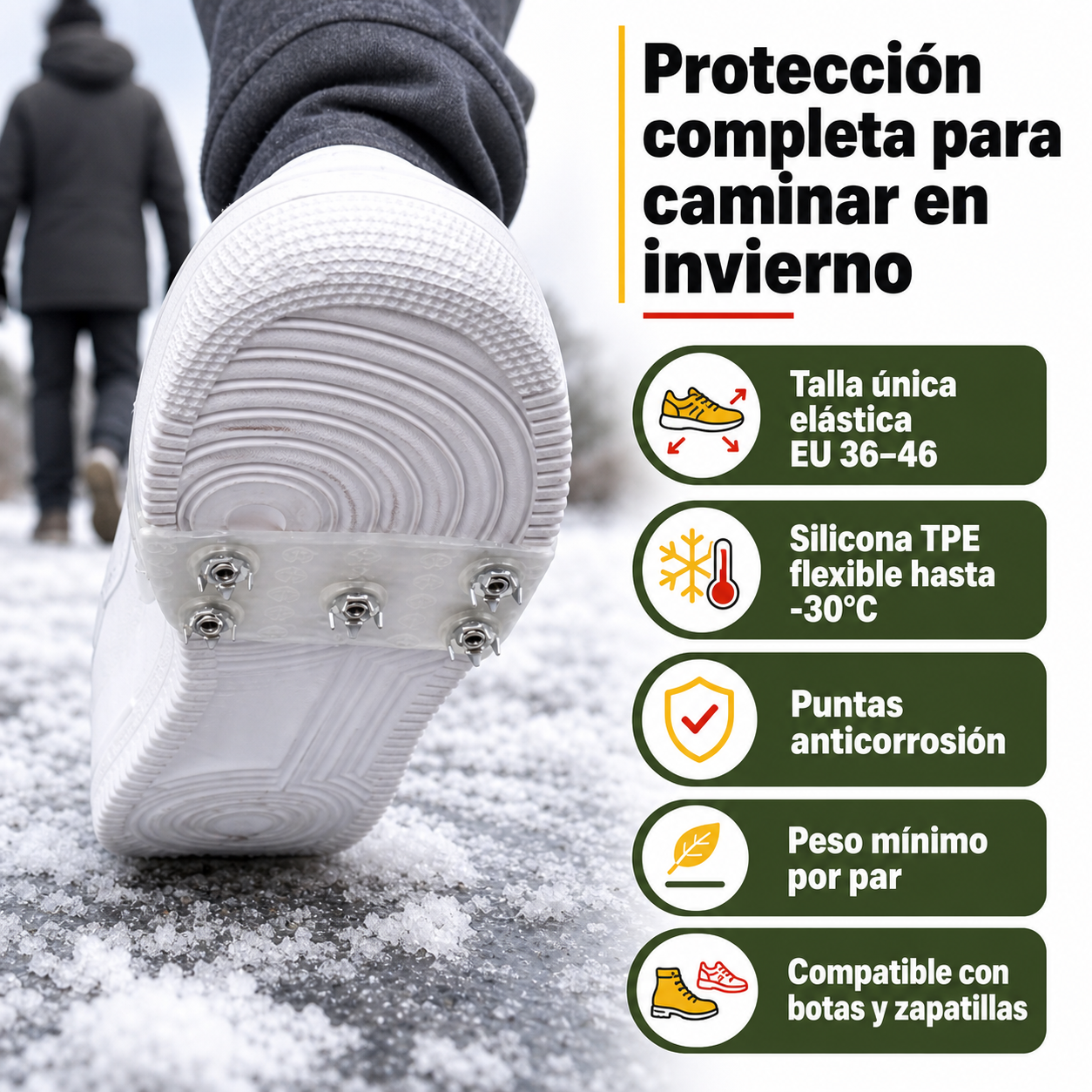 Crampones antideslizantes en uso con especificaciones de compatibilidad de tallas, material TPE y resistencia al frío