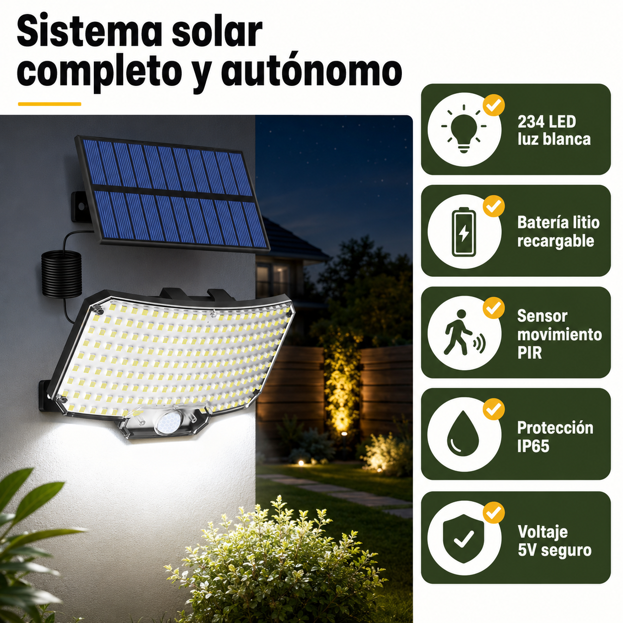 Foco solar de 234 LED en uso nocturno con especificaciones de batería y autonomía
