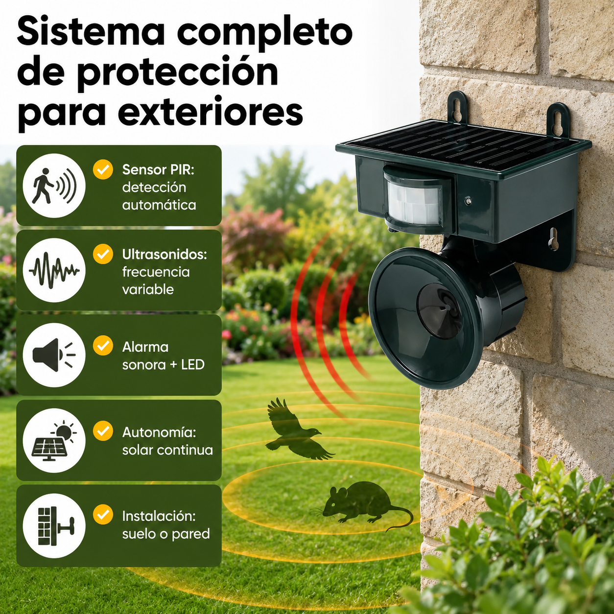 Ahuyentador de animales en uso mostrando cobertura de detección y sistemas de disuasión