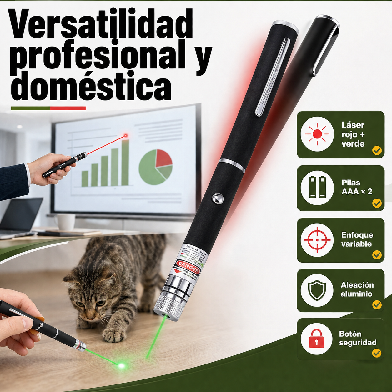 Puntero láser en uso proyectando punto de luz con especificaciones técnicas destacadas