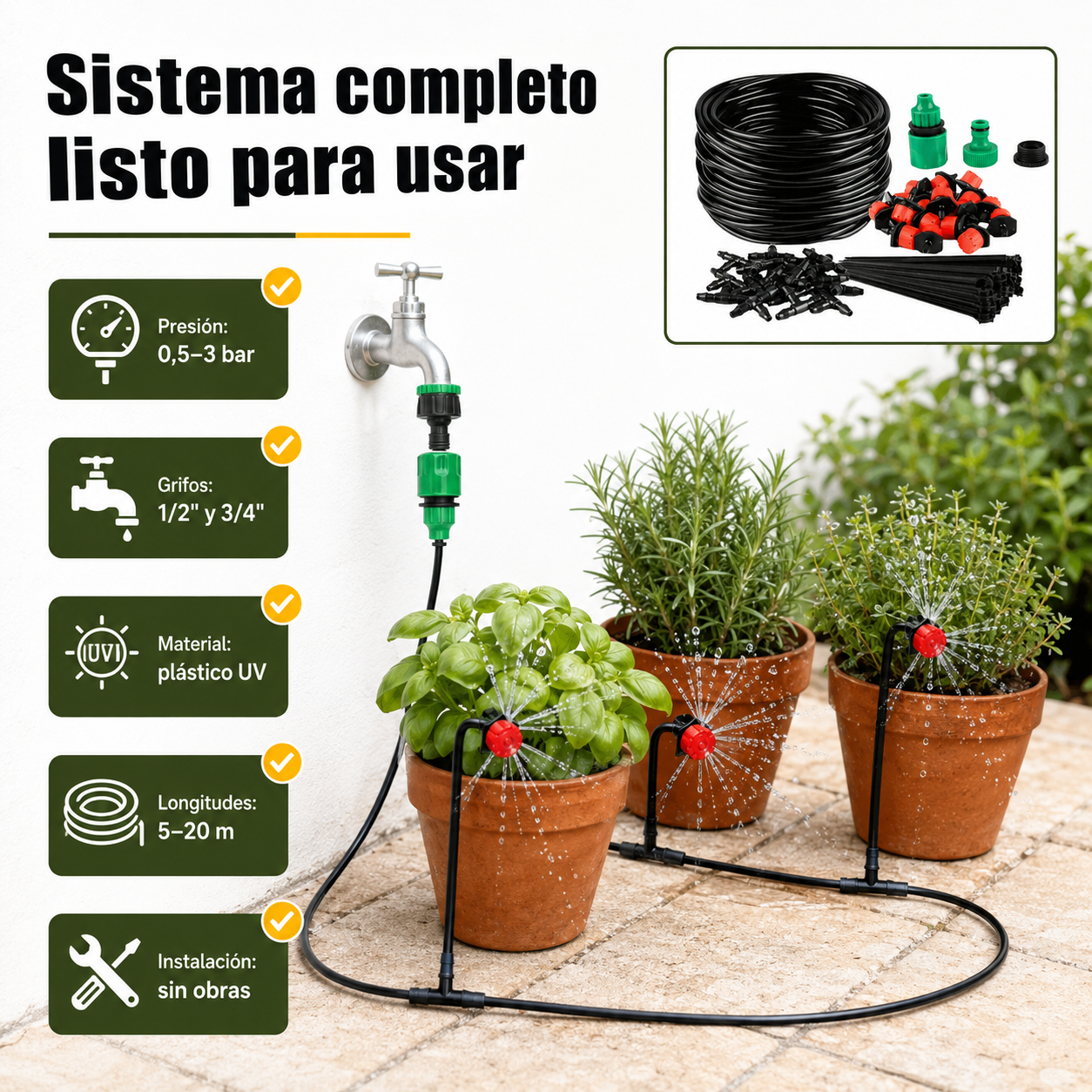 Panel de capacidades del kit de riego con especificaciones de compatibilidad y presión de trabajo