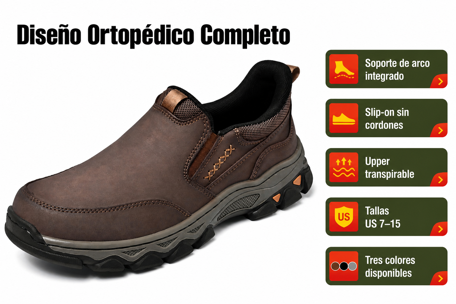 Zapato ortopédico en uso mostrando características de soporte, comodidad y tracción