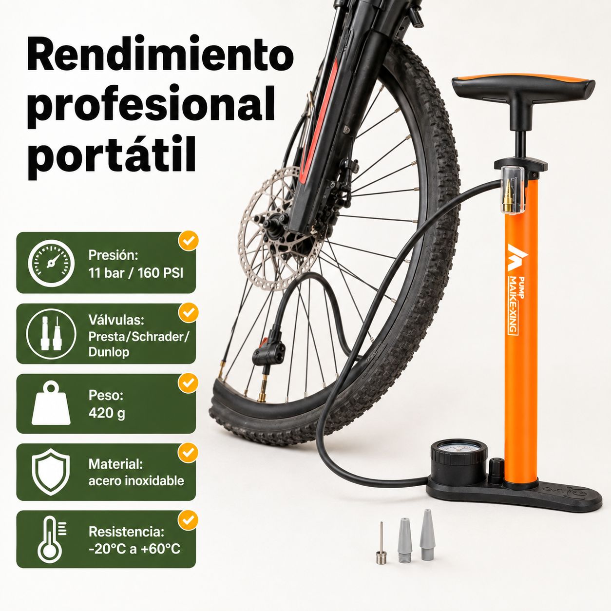 Bomba manual en uso inflando neumático con indicadores de presión máxima, compatibilidad de válvulas y resistencia térmica