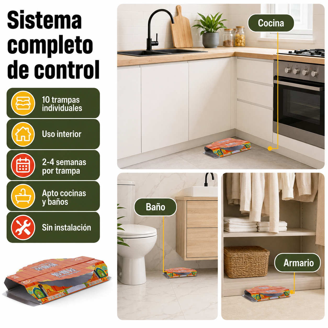 Pack de 10 trampas adhesivas para cucarachas con especificaciones de uso en interiores