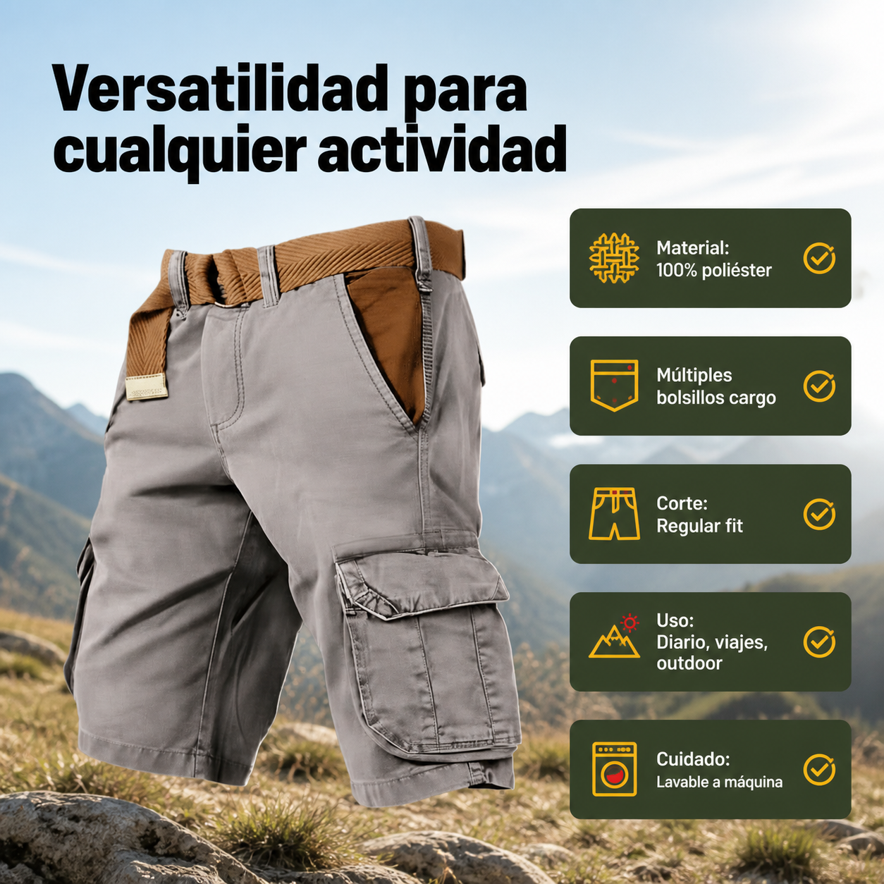 Panel de especificaciones del pantalón corto cargo MAVERICK mostrando capacidades y características técnicas