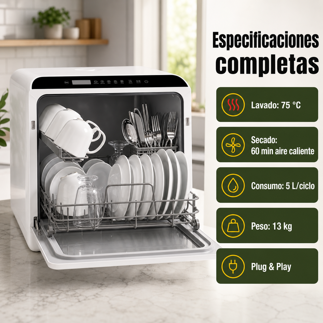 Lavavajillas R01 en uso mostrando capacidad interior, temperatura de lavado y consumo de agua