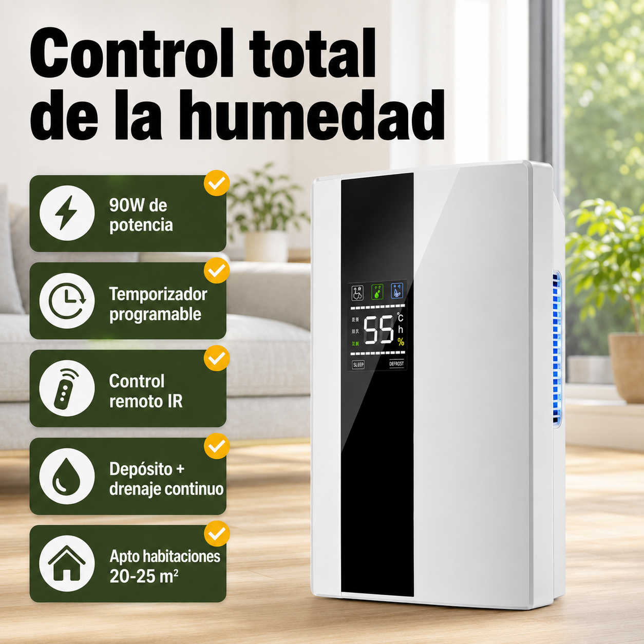 Deshumidificador en funcionamiento en un dormitorio con iconos mostrando sus características: 90W, temporizador 24h, control remoto y bajo ruido