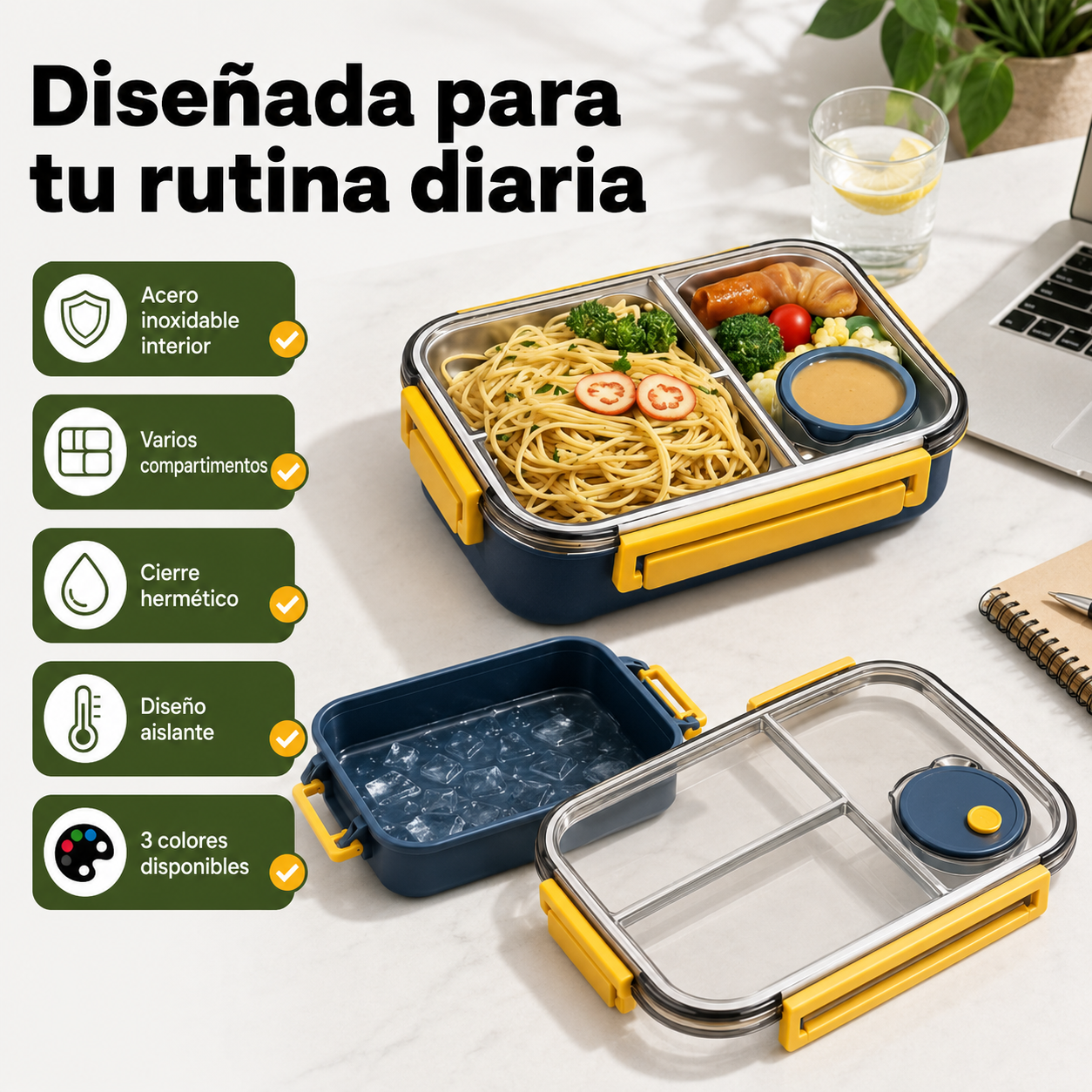 Fiambrera térmica abierta mostrando los compartimentos de acero inoxidable y especificaciones técnicas